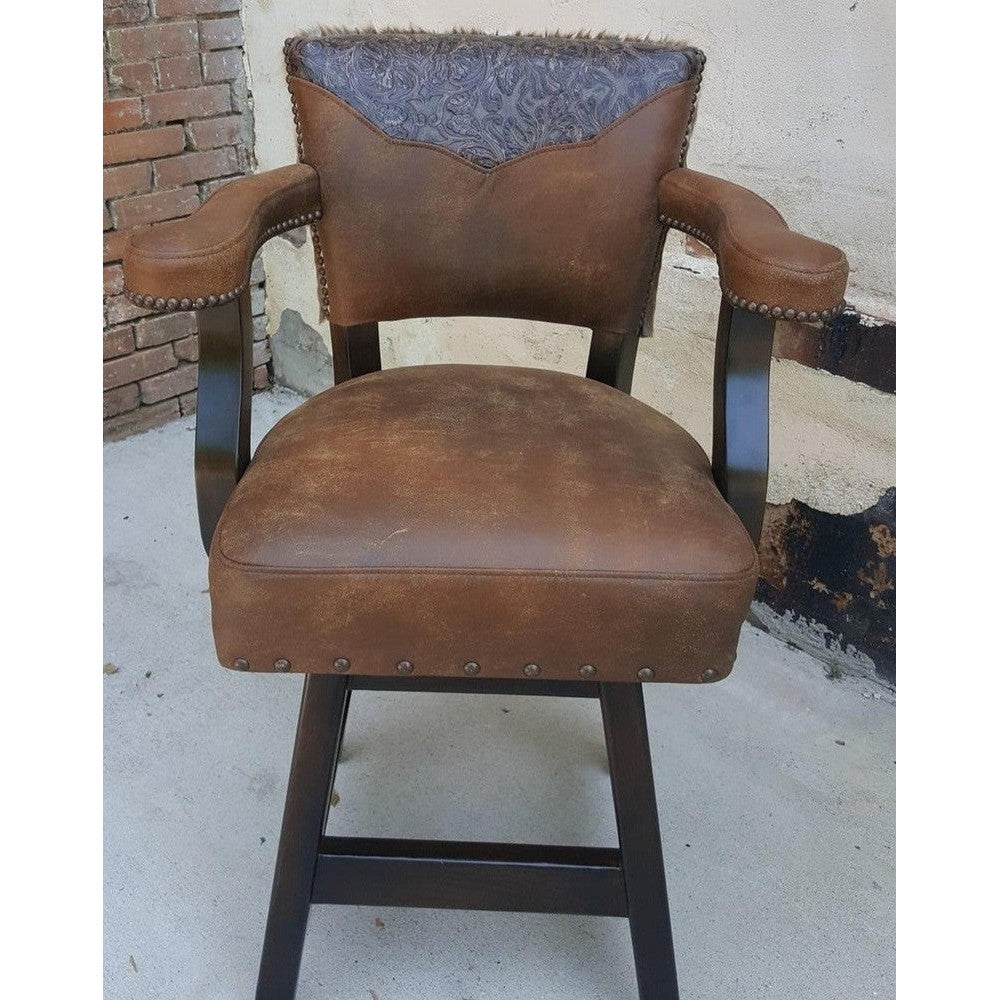 Bring the rustic appeal of the Wild West to your home with the Uptown Cowboy Swivel Stool. Crafted with top grain leather and axis hair on hide, this swivel bar or counter stool also features a stamped leather yoke, and comes in arm or armless options so you can customize it for your space.
