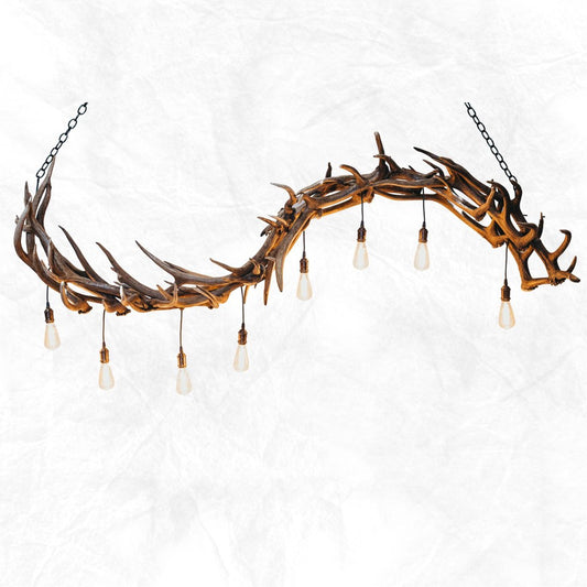 Experience elegance and natural beauty with the Wave 8 Light Linear Elk Antler Chandelier. Handcrafted with genuine elk antlers and 8 Edison style bulbs, its design offers a unique, eye-catching display. Highly customizable and UL & ULc approved, this showstopper is perfect for any home or business. Approximate Dimensions 60”L x 15”W x 24”H.