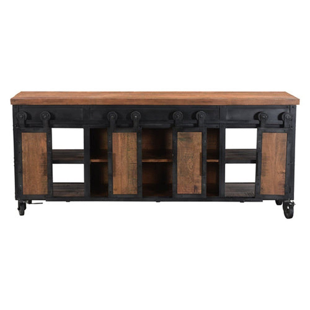 The Weler Sliding Door Entertainment Center offers modern elegance to any living space. Constructed of both mango wood and metal, it provides a sturdy and stylish frame that will stand the test of time. The four sliding doors open to reveal plenty of storage for your media components, movies, and games. Enjoy modern design with lasting durability.