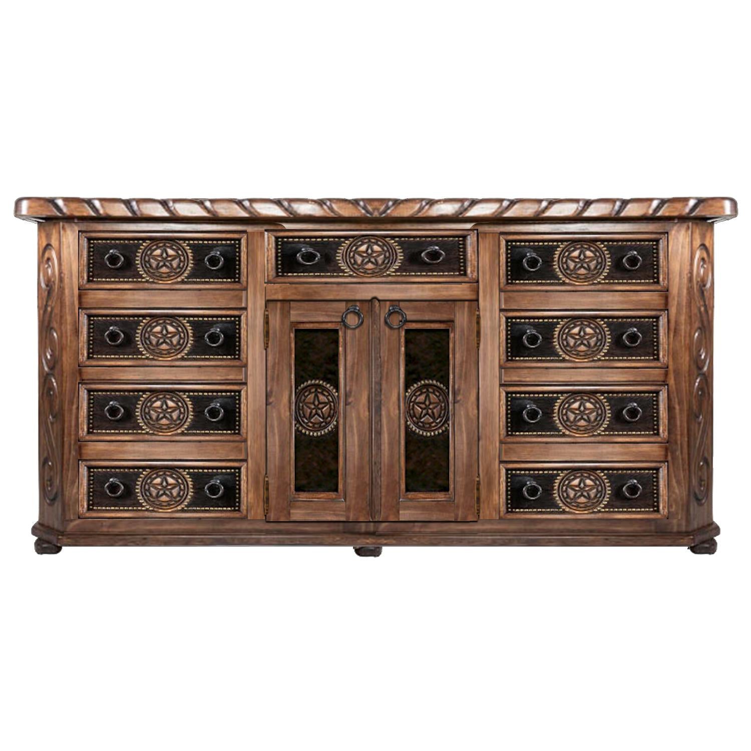 Wooden dresser with ten drawers, two doors, and carved designs