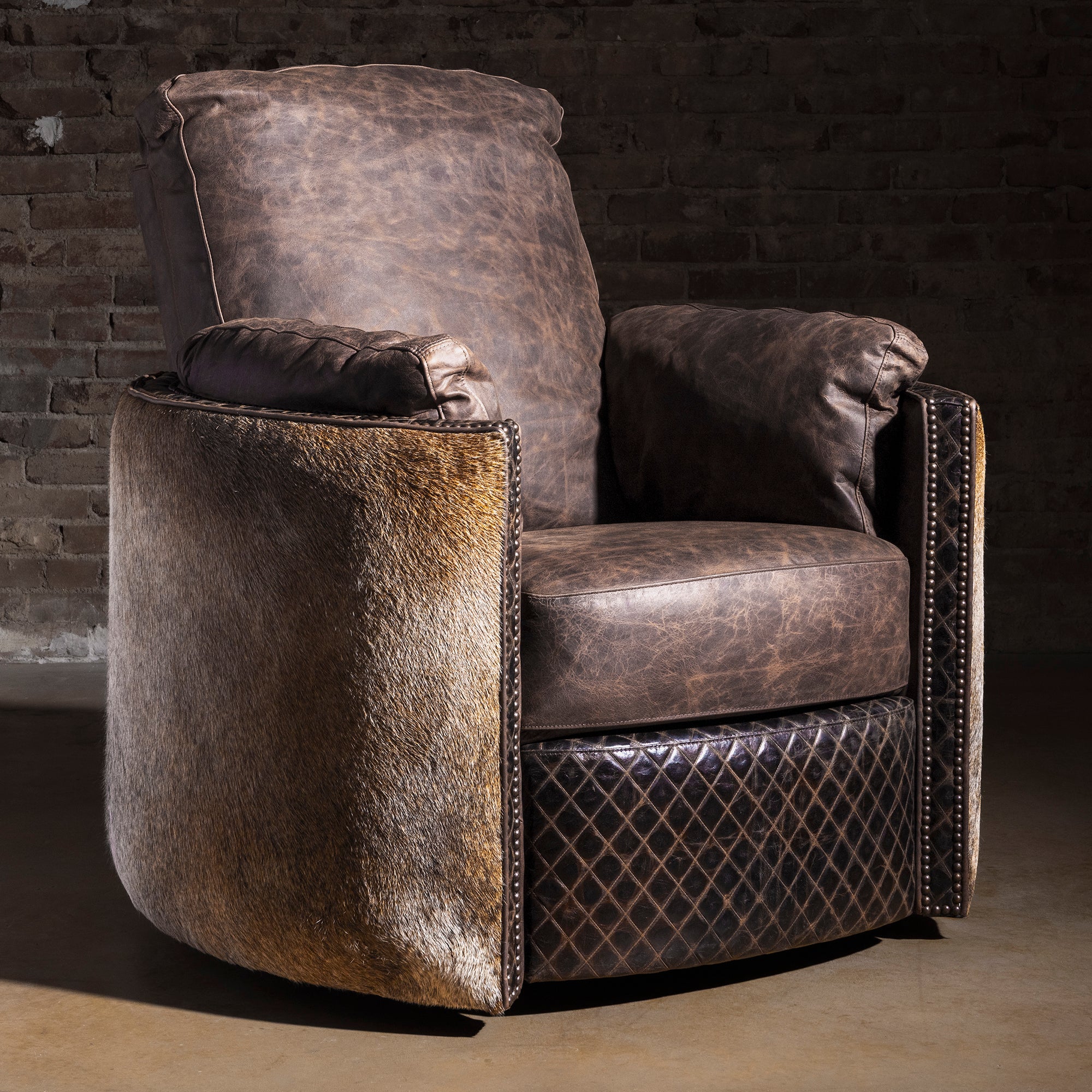 Bitterroot Hide Cuddler Recliner in distressed brown leather with hair-on-hide panels, luxury Western recliner chair