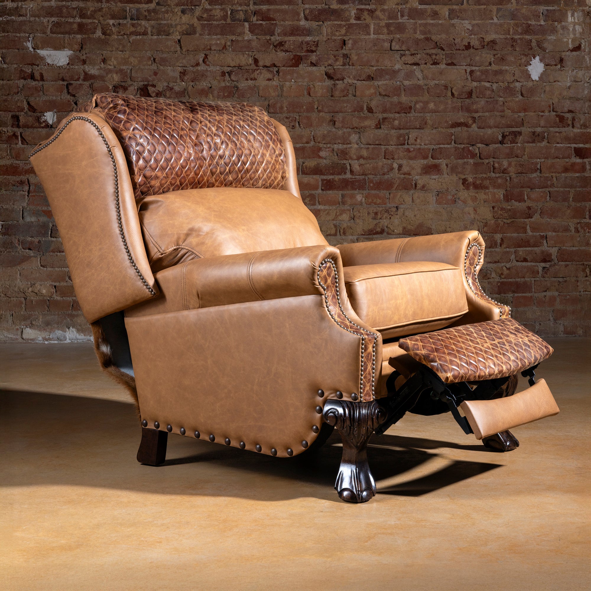 Side angle of Bonanza Ranch Recliner in mid-recline position