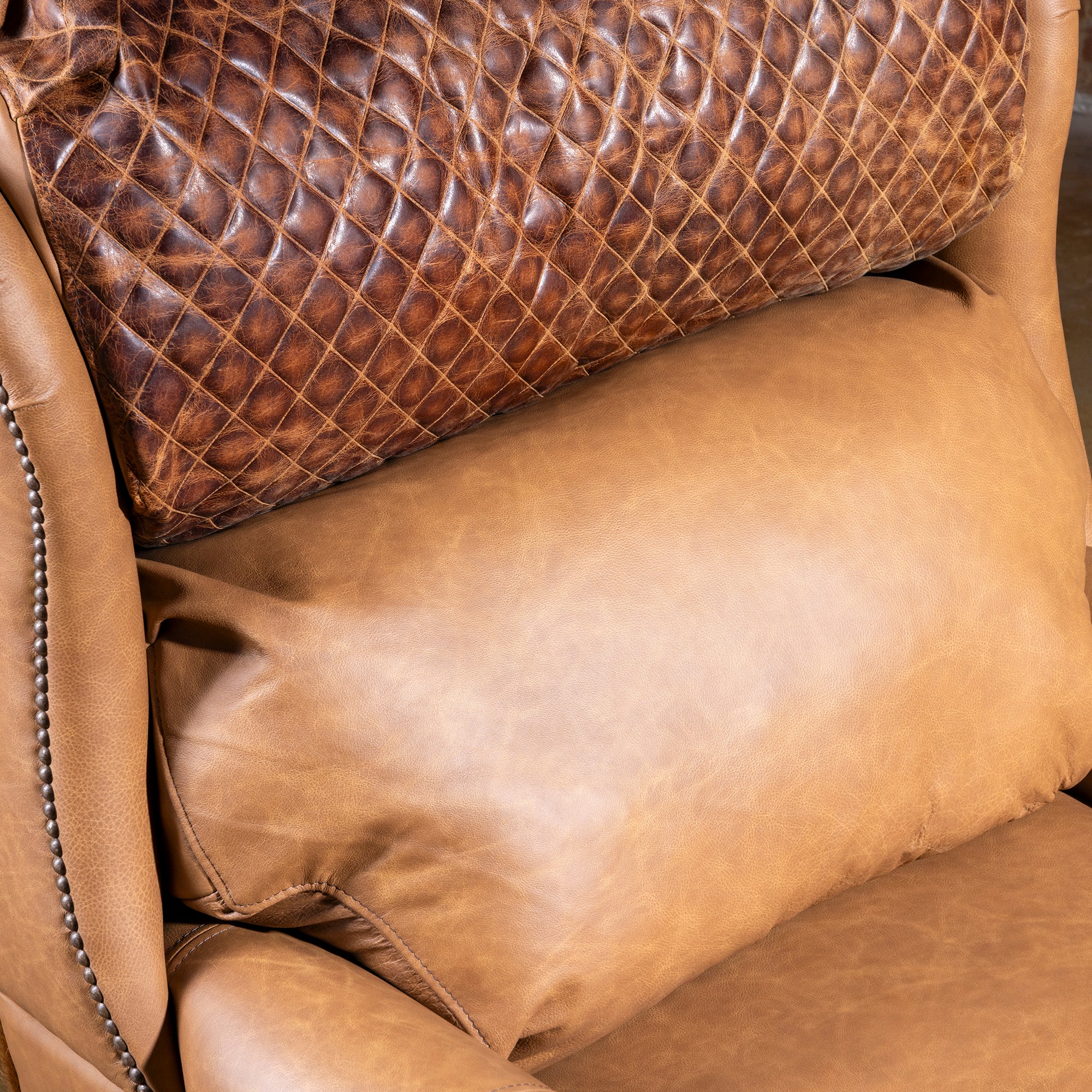 Quilted leather headrest detail of the Bonanza Ranch Recliner