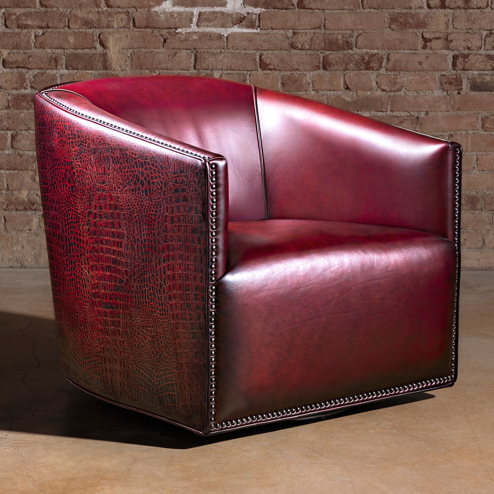 Bordeaux Croc Chair western swivel chair in red top-grain leather with croc-embossed sides and bronze nailhead trim