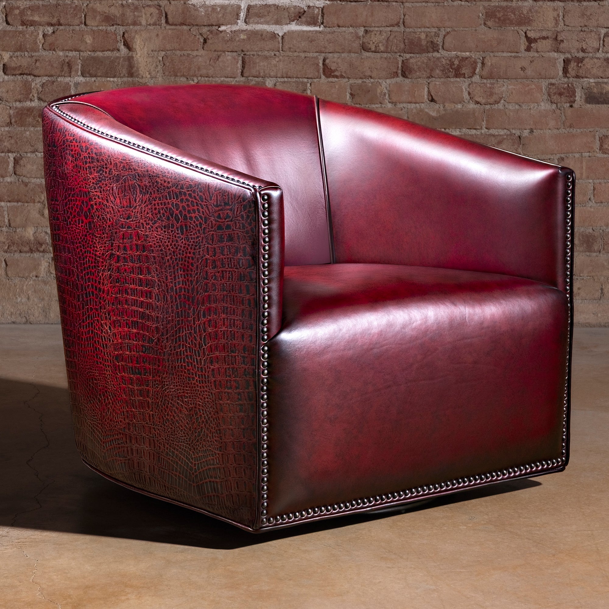 Bordeaux Croc Chair western swivel chair in red top-grain leather with croc-embossed sides and bronze nailhead trim