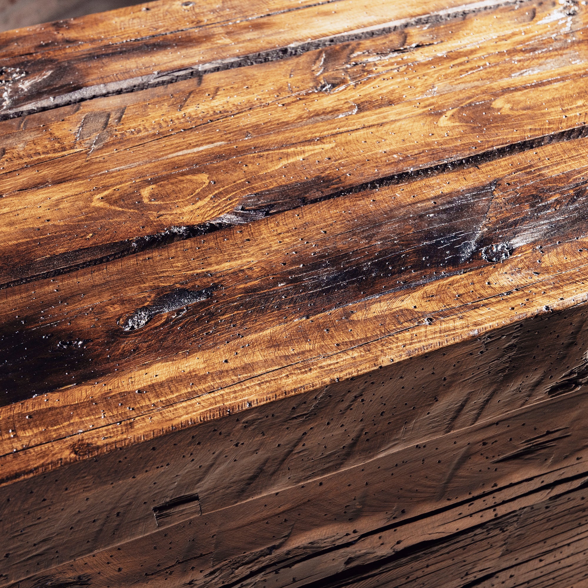 Bosque Timber Vault close view of reclaimed wood grain, knots, and rustic patina