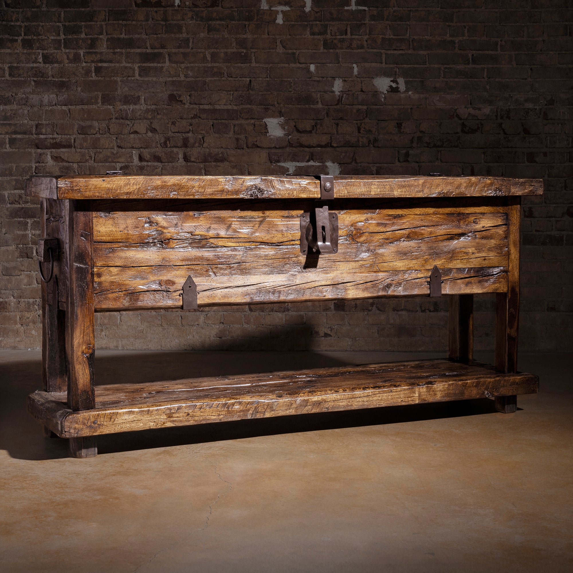 Bosque Timber Vault reclaimed wood Western storage console with lift-top lid and open lower shelf