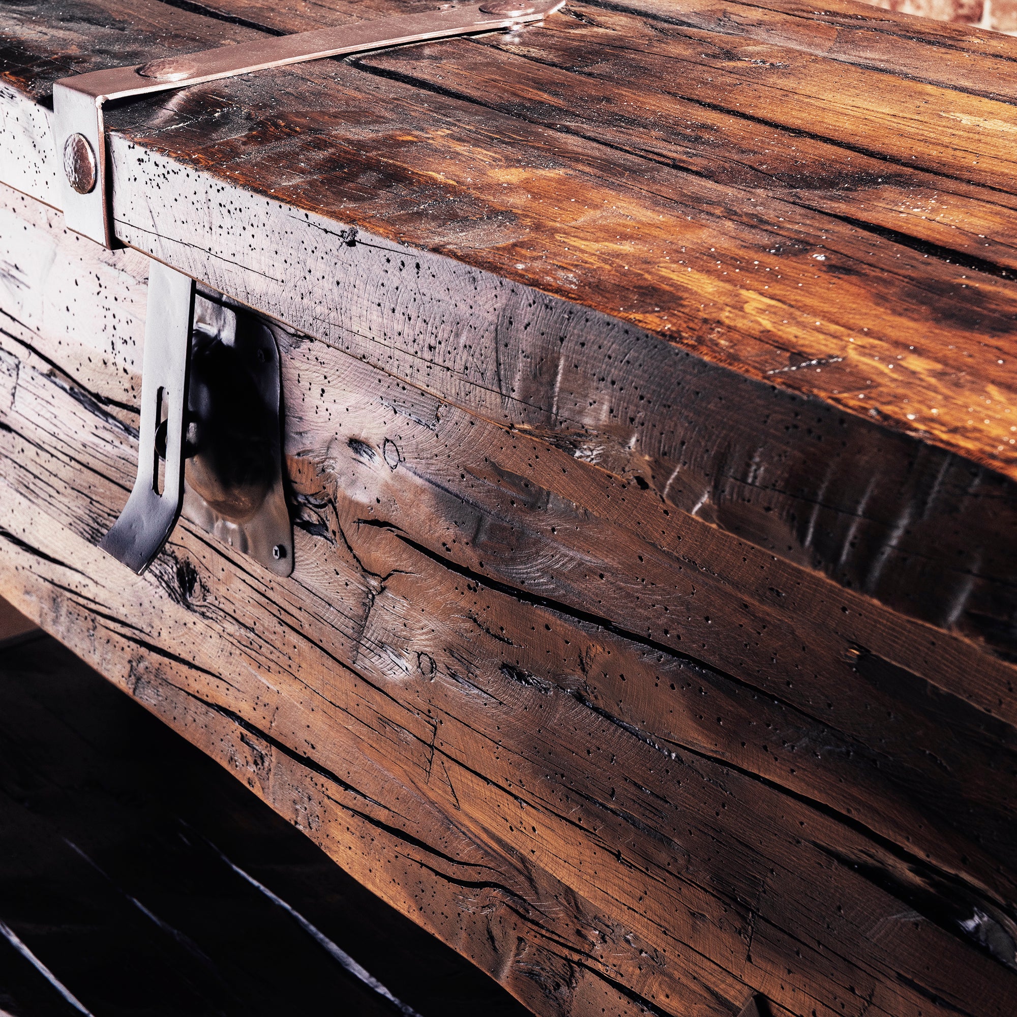 Bosque Timber Vault angled view of Western storage console with iron hardware and shelf