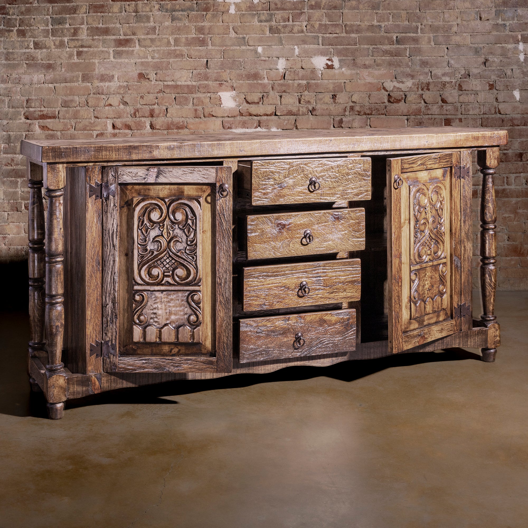 Open reclaimed wood buffet showing cabinet storage and center drawers