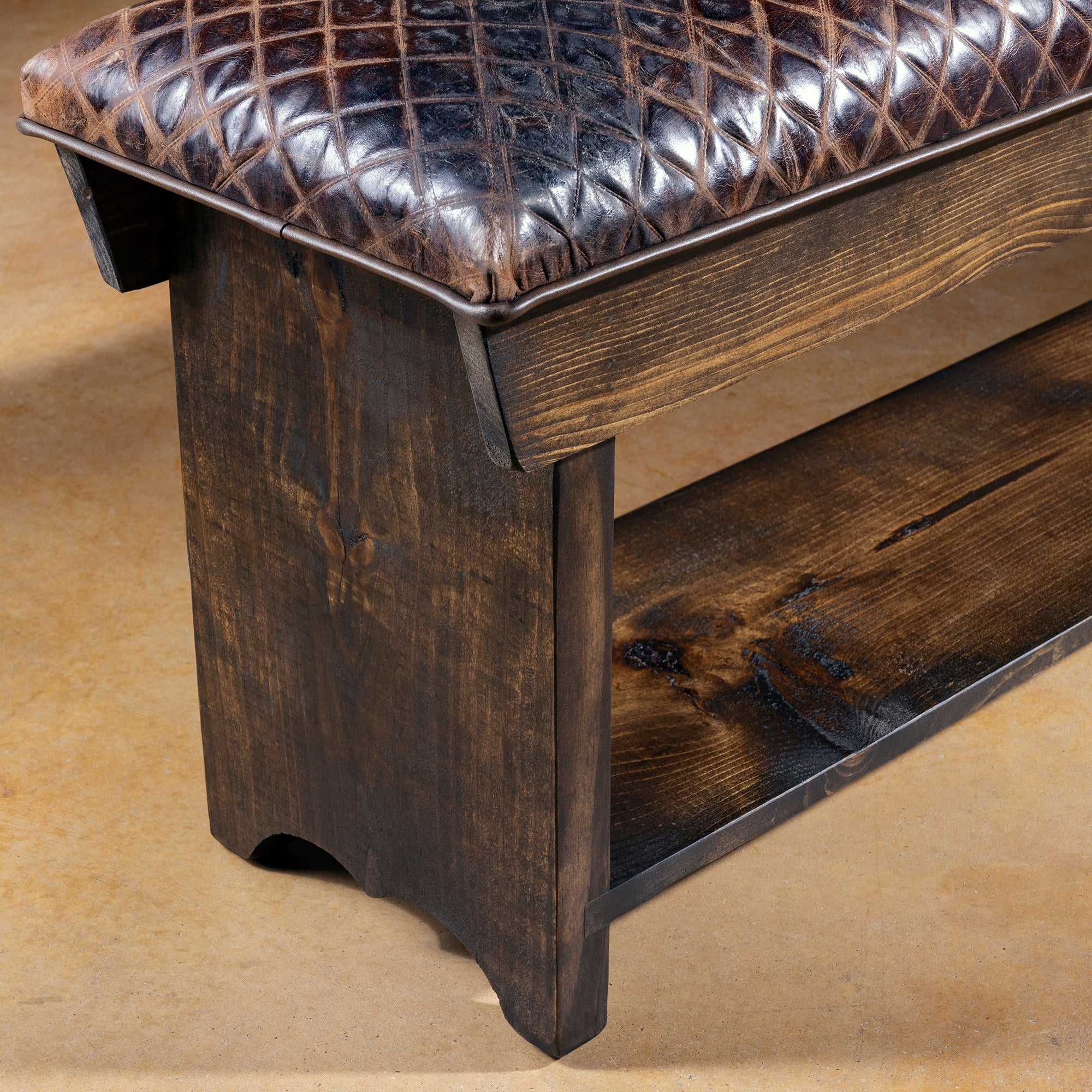 Side angle of handcrafted hardwood base and bench leg design