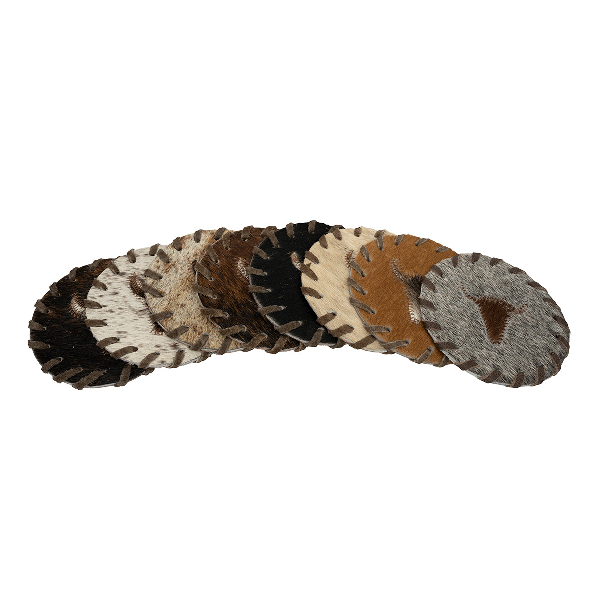 Round natural cowhide coasters. Assorted Colors. Price is PER COASTER - NOT A SET. This set of naturally absorbent leather coasters are Natural shed-free hair on cowhide which prevents drink from sticking, and shows no discoloration when wet. These are made from premium hair-on leather.