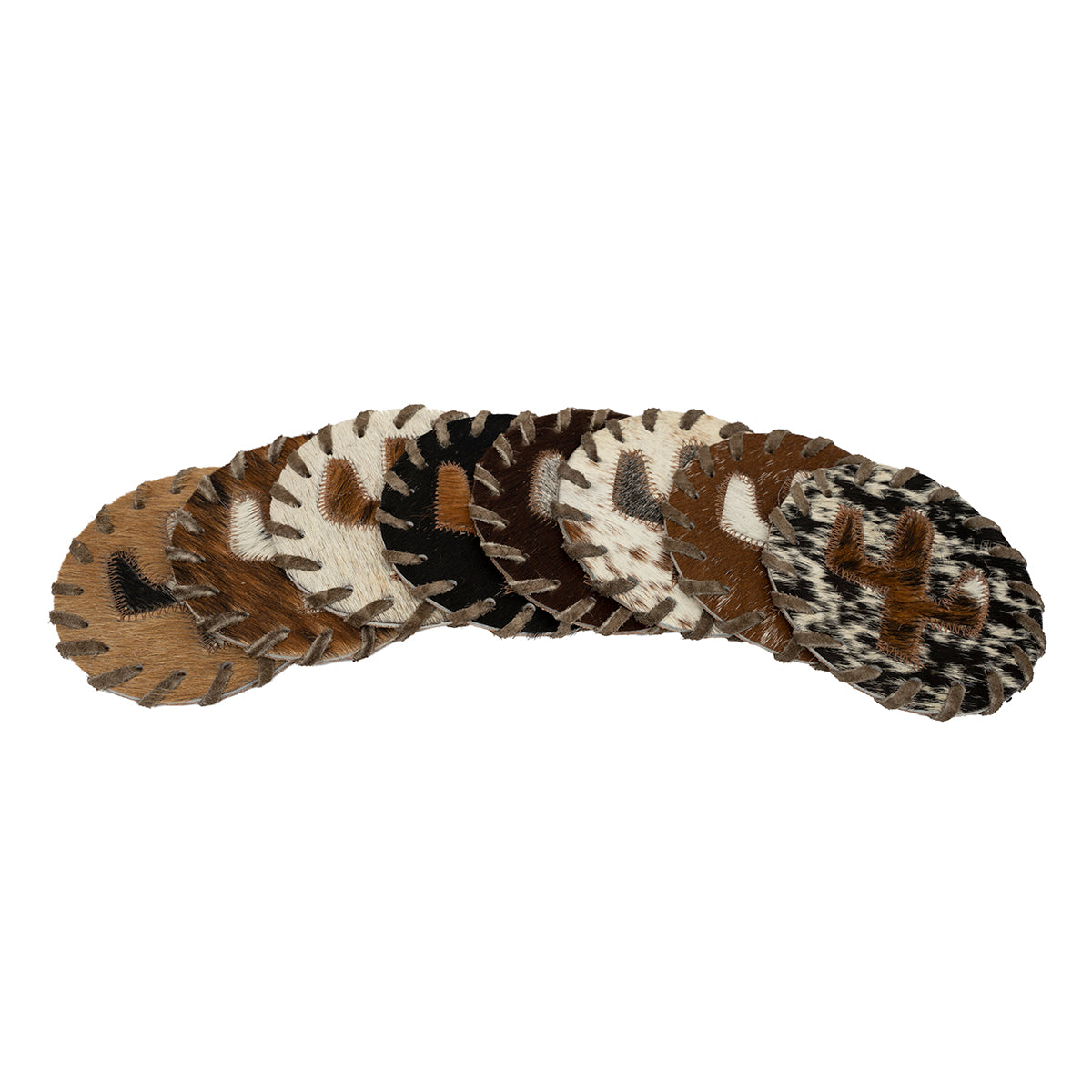 Round natural cowhide coasters. Assorted Colors. Price is PER COASTER - NOT A SET. This set of naturally absorbent leather coasters are Natural shed-free hair on cowhide which prevents drink from sticking, and shows no discoloration when wet. These are made from premium hair-on leather.