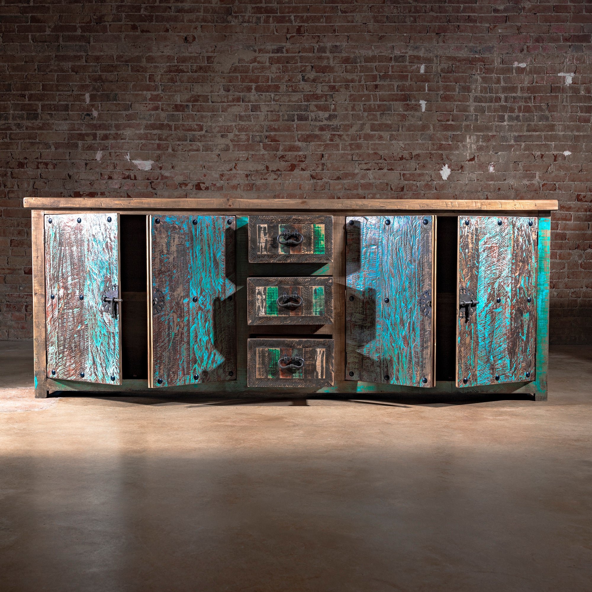 Calavera Ranch Buffet doors open showing handcrafted drawers and storage compartments