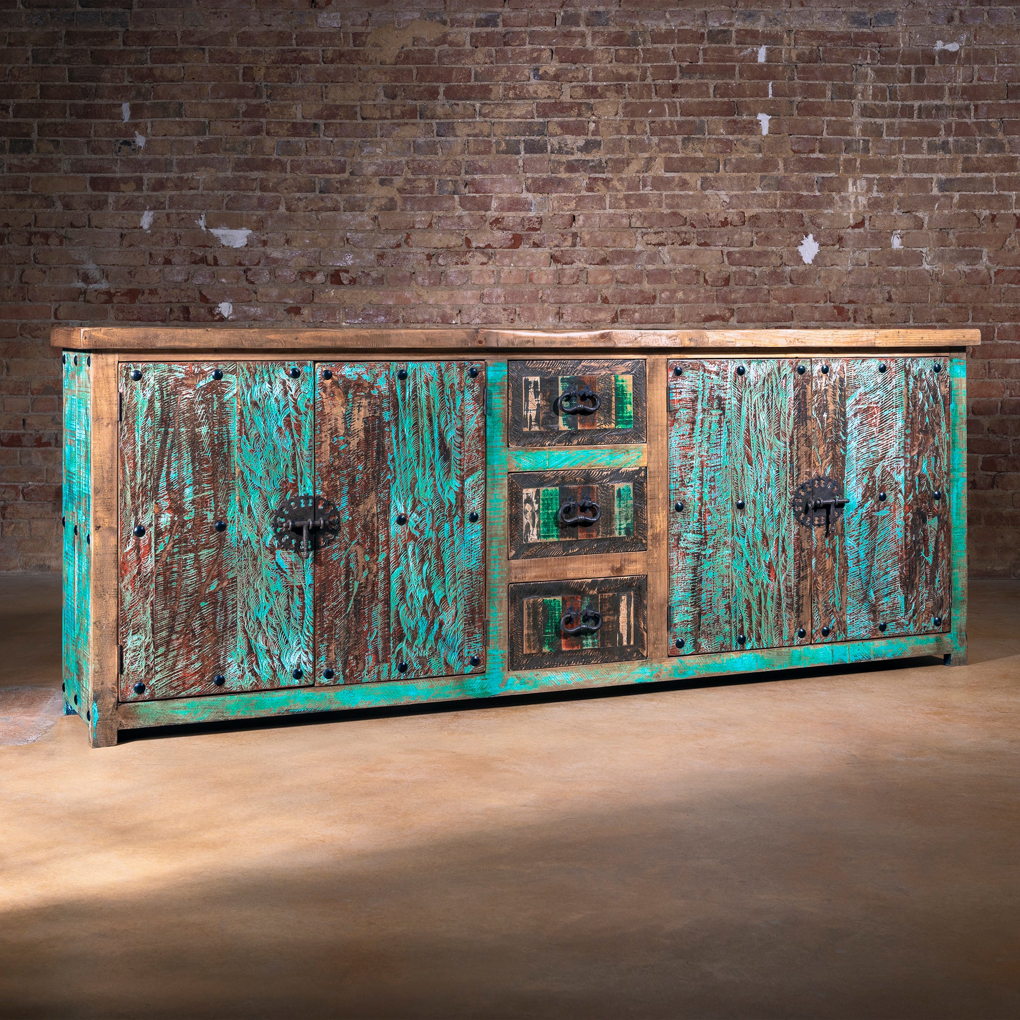 The Calavera Ranch Buffet handcrafted reclaimed wood western sideboard with turquoise patina finish