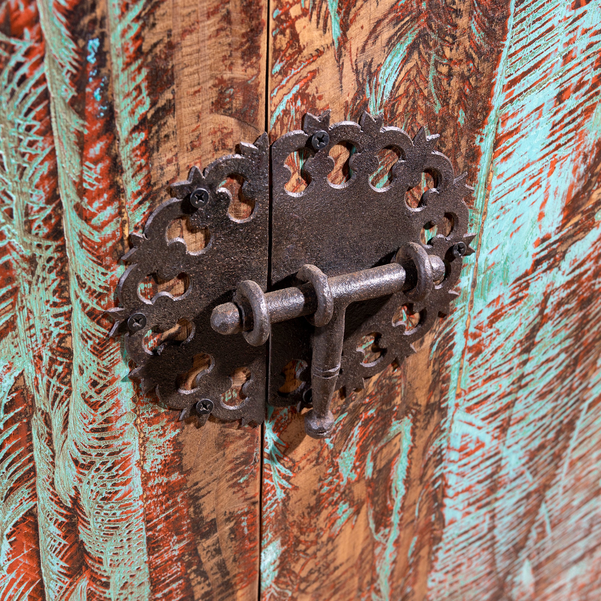 Forged iron latch detail on Calavera Ranch Buffet rustic western hardware craftsmanship