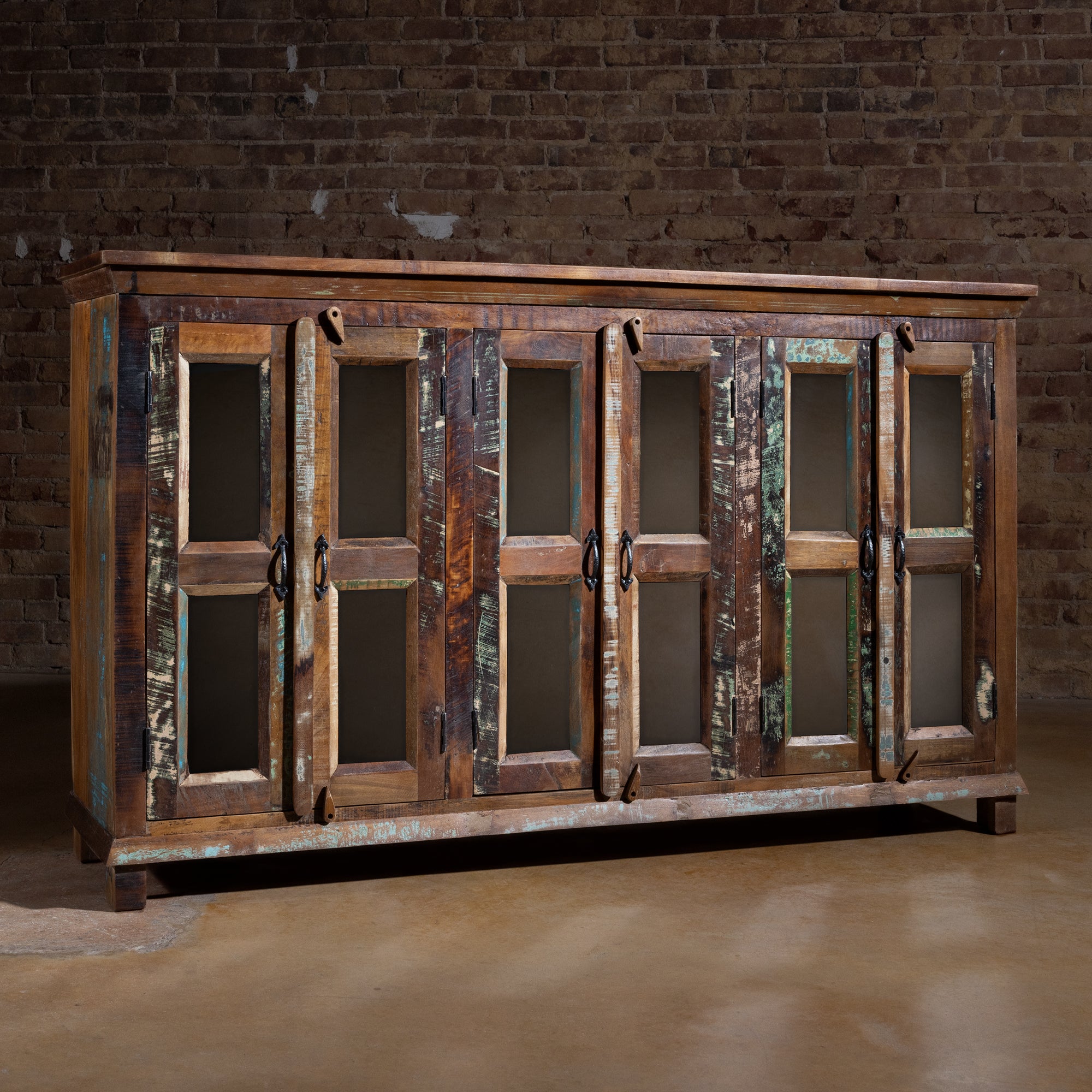 Glass-door reclaimed wood buffet shown with doors and interior shelving, upscale Western storage cabinet