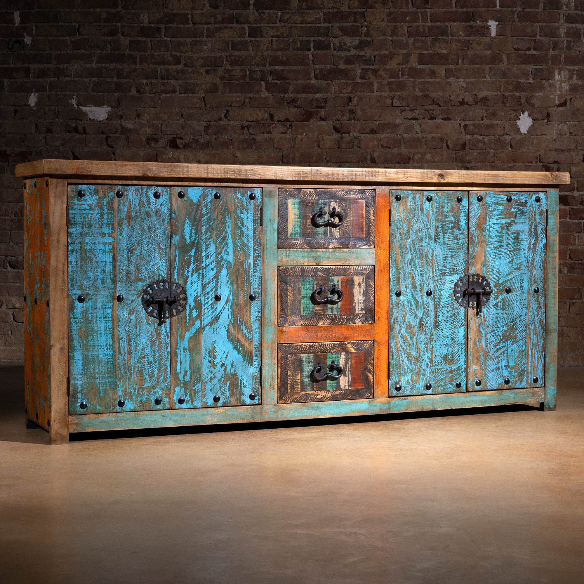 Angle view of Canyoncrest Patina Buffet with multicolor patina and forged-iron hardware