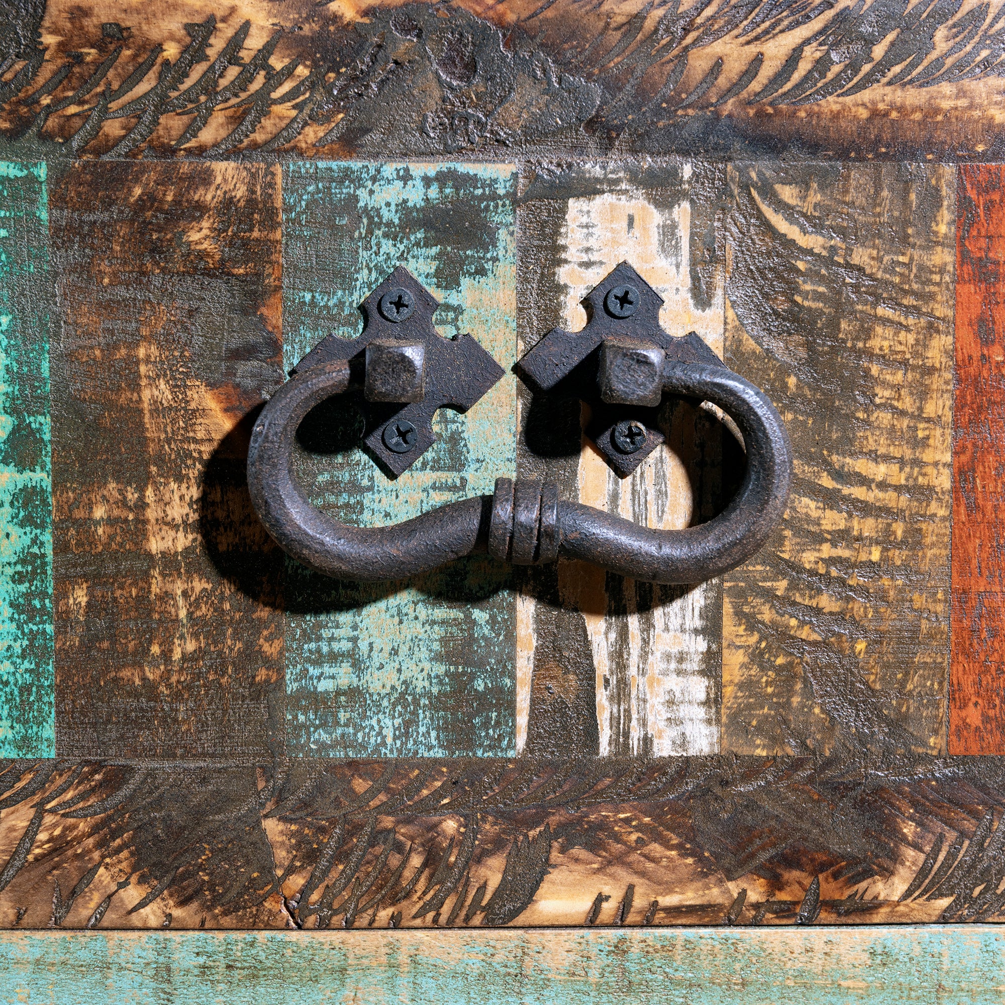 Forged-iron drop pull handle detail on Canyoncrest Patina Western buffet