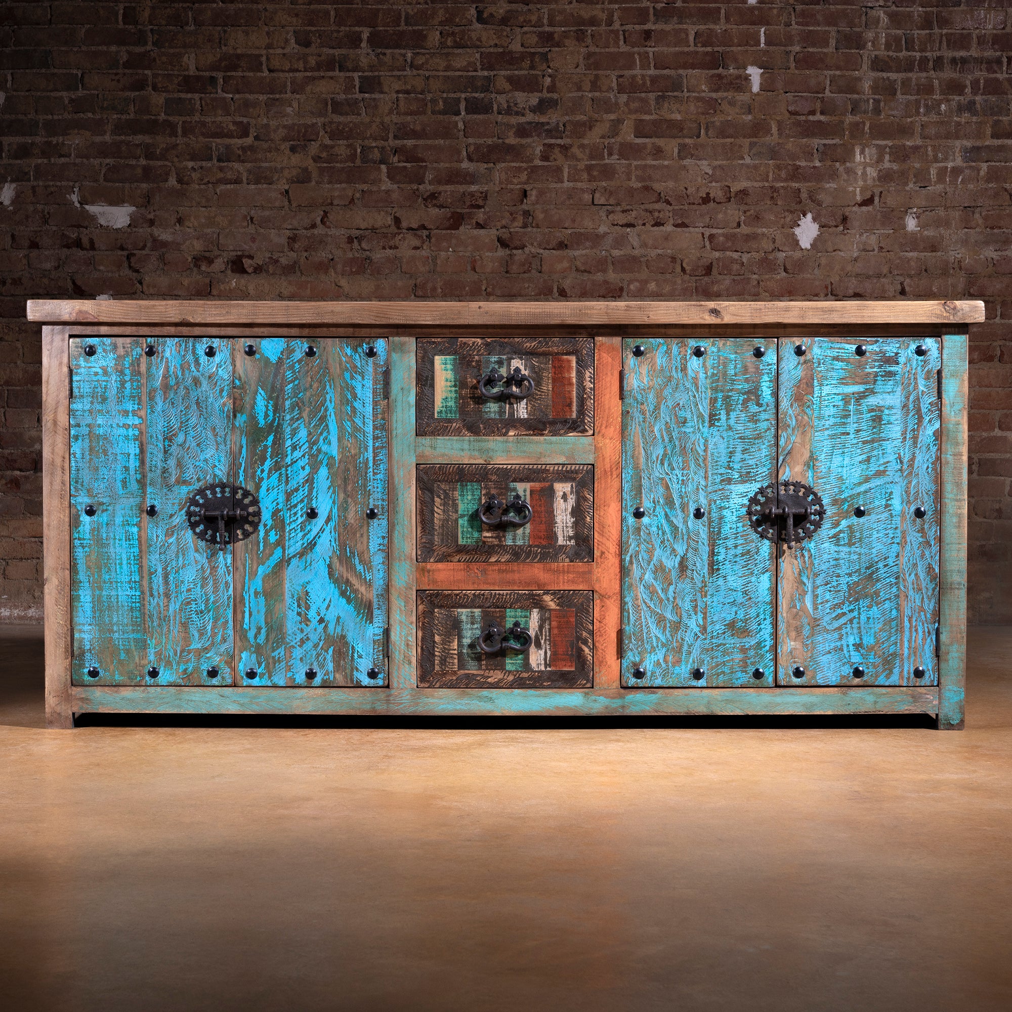 Canyoncrest Patina Buffet reclaimed wood Western buffet with turquoise and rust patina front view