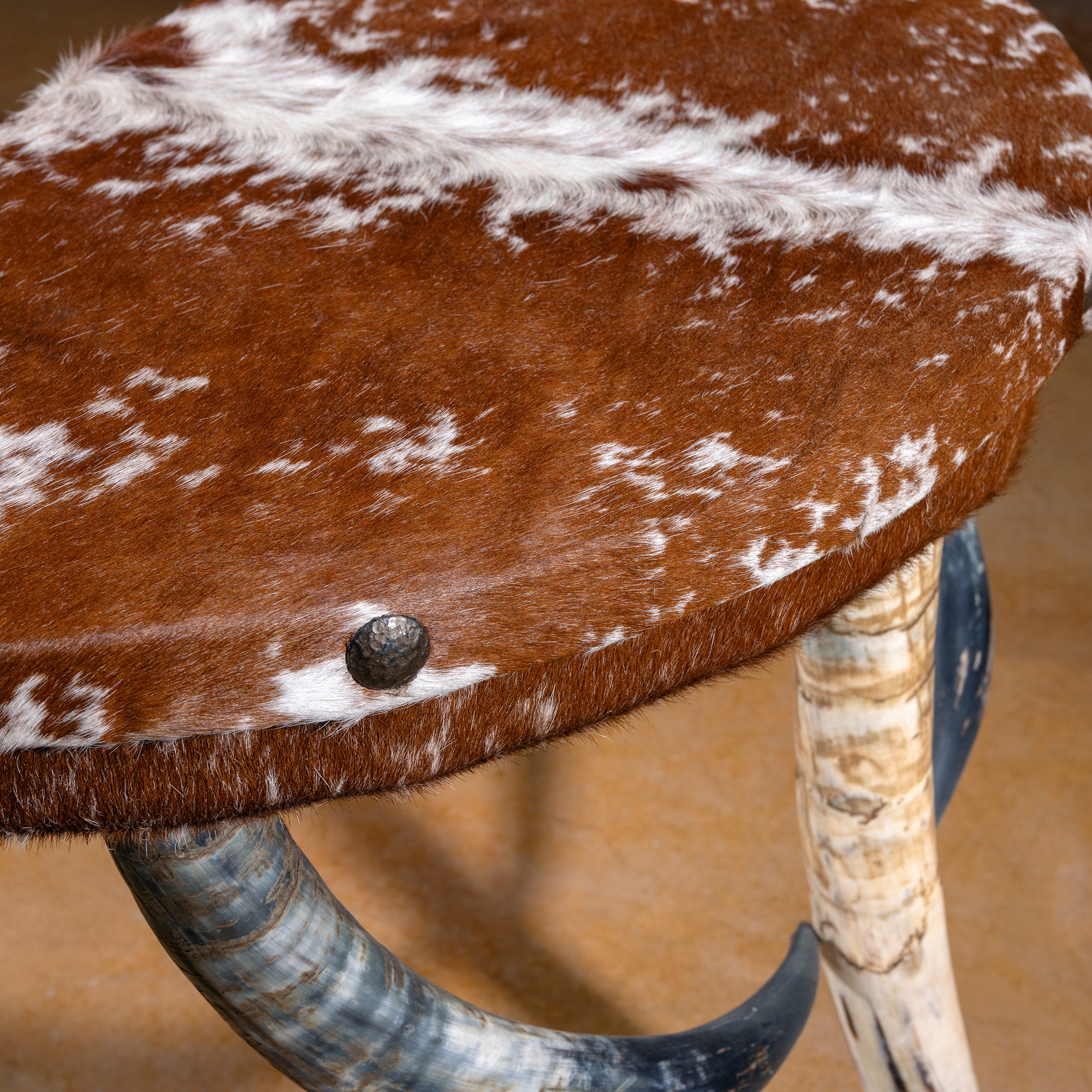 Close-up of speckled cowhide upholstered top with nailhead accents on demi-lune table