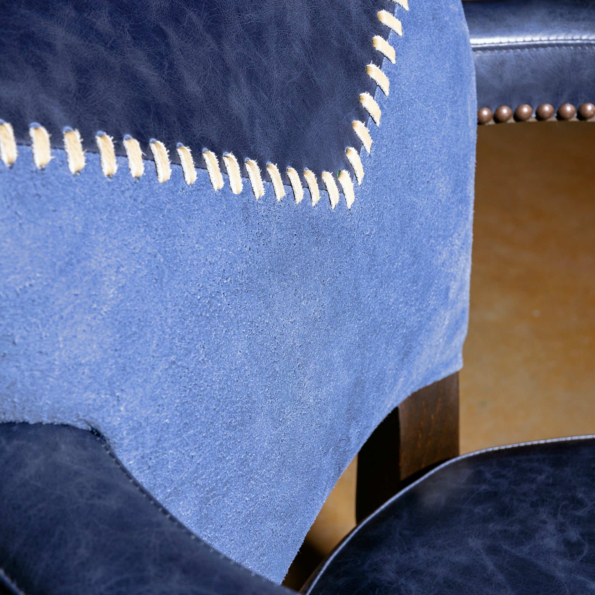Cobalt Mesa Bar Stool western bar stool seat detail with rich cobalt leather, smooth cushion, and handcrafted finish.