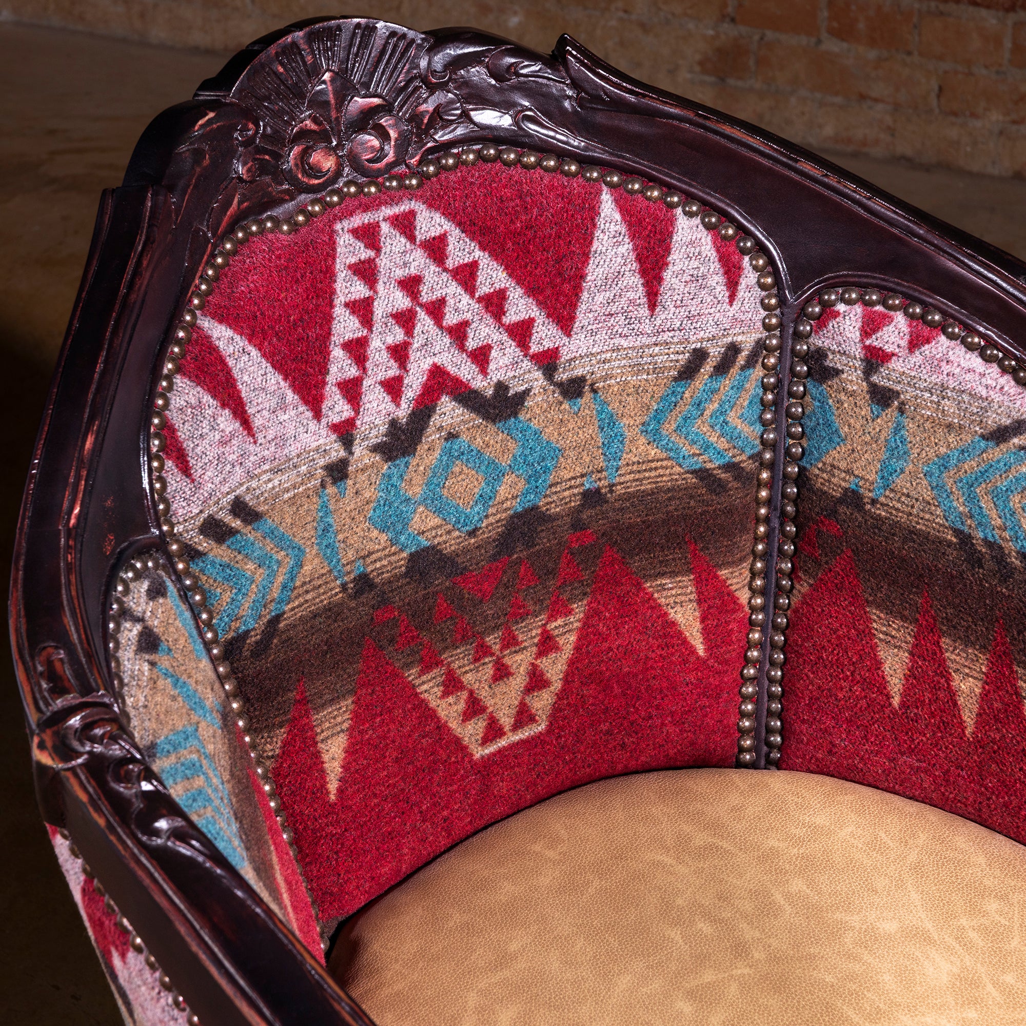 Close-up of Southwestern patterned fabric backrest on luxury Western chair