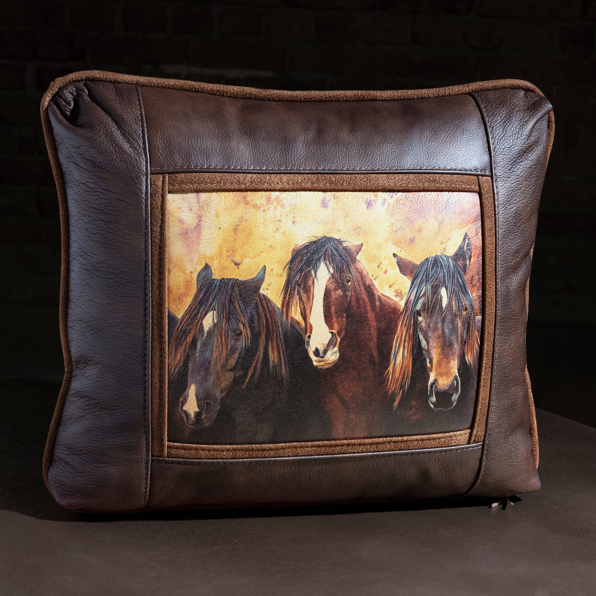 Copper Remuda Trio Leather Western Throw Pillow western throw pillow with brown leather frame, three horse portrait, and suede trim
