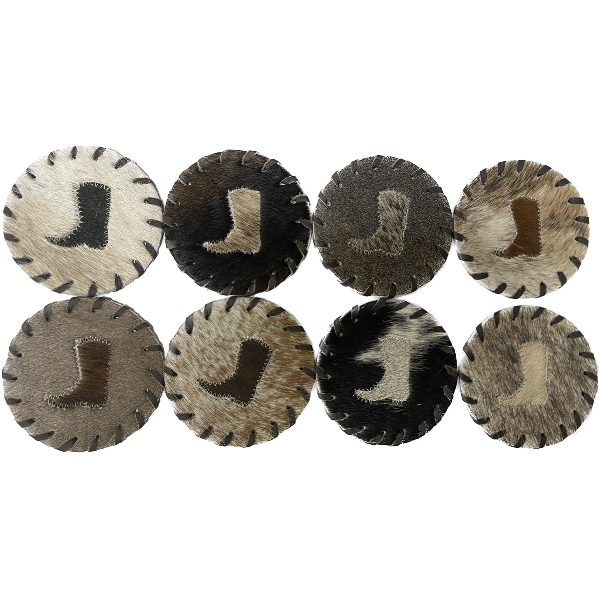 Round natural cowhide coasters. Assorted Colors. Price is PER COASTER - NOT A SET. This set of naturally absorbent leather coasters are Natural shed-free hair on cowhide which prevents drink from sticking, and shows no discoloration when wet. These are made from premium hair-on leather.
