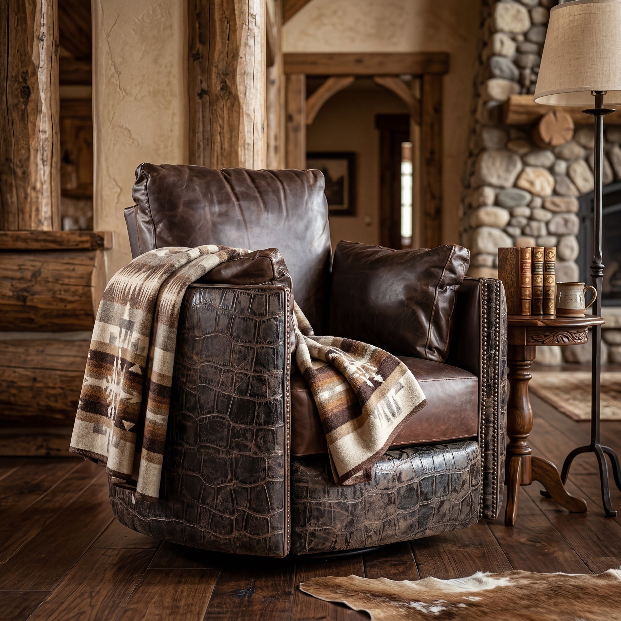 Luxury Western living room built around one hero leather swivel chair with layered textures, balanced scale, warm lighting, and refined ranch estate styling