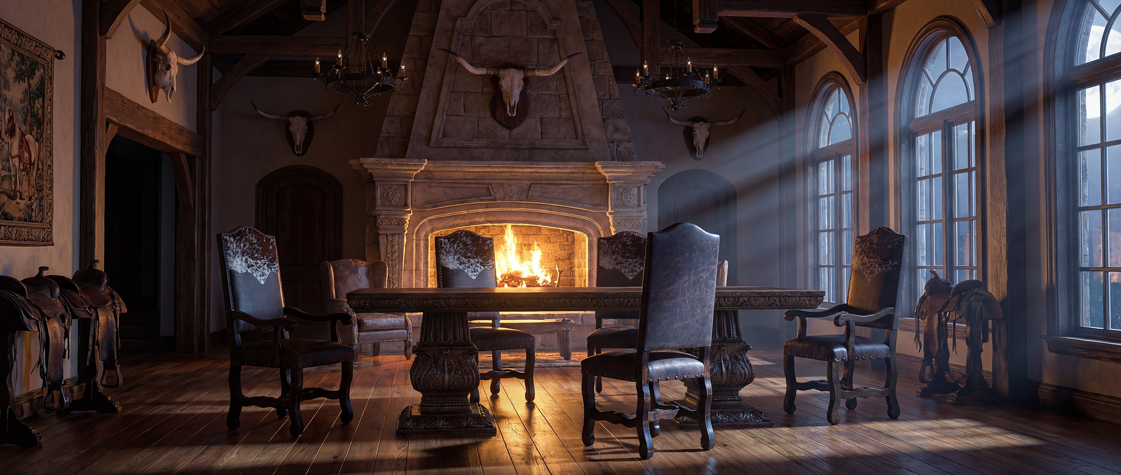 Western dining room with solid wood trestle table, leather chairs, and warm candlelight creating an heirloom atmosphere
