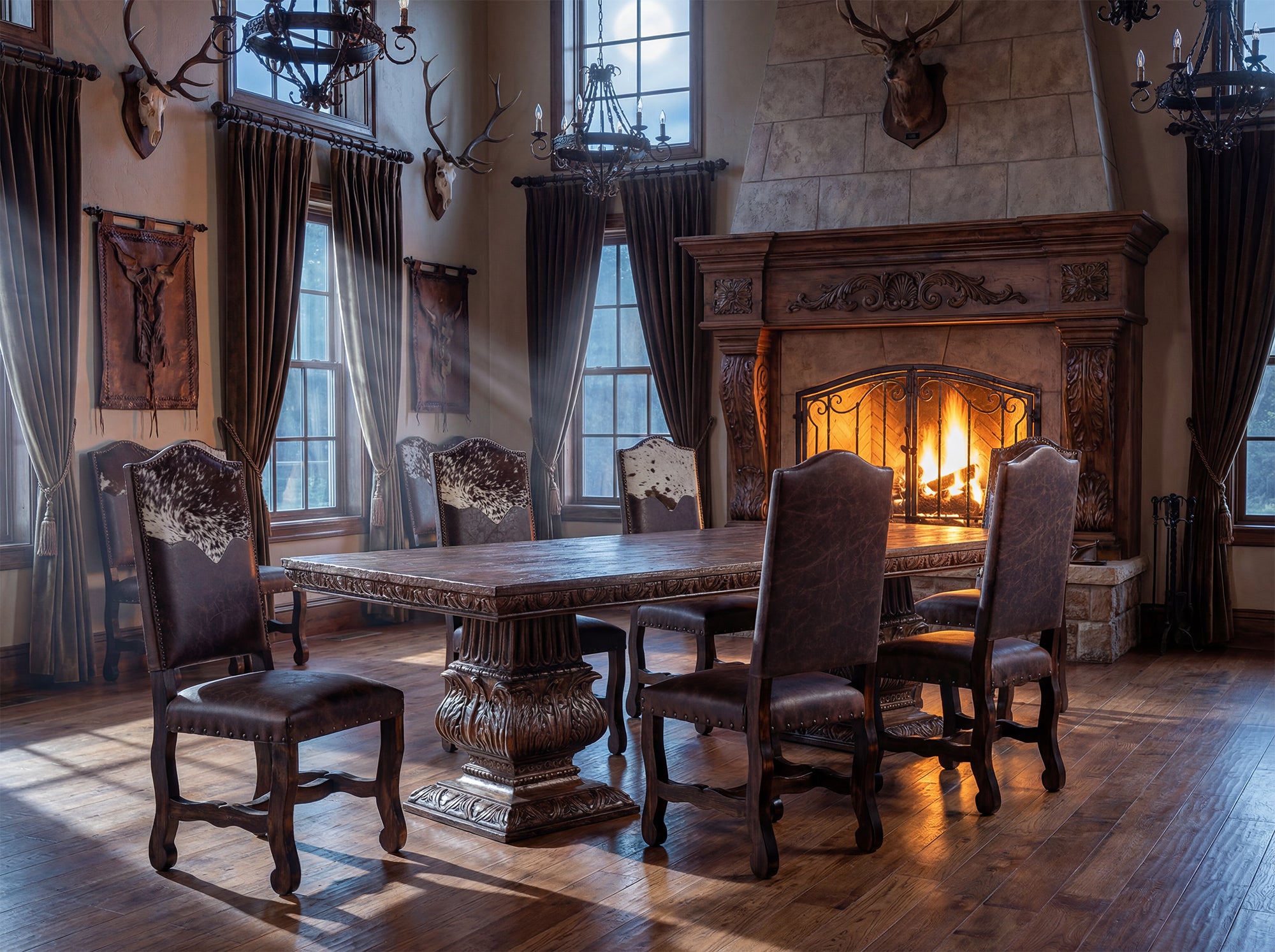 Western dining room with solid wood trestle table, leather chairs, and warm candlelight creating an heirloom atmosphere