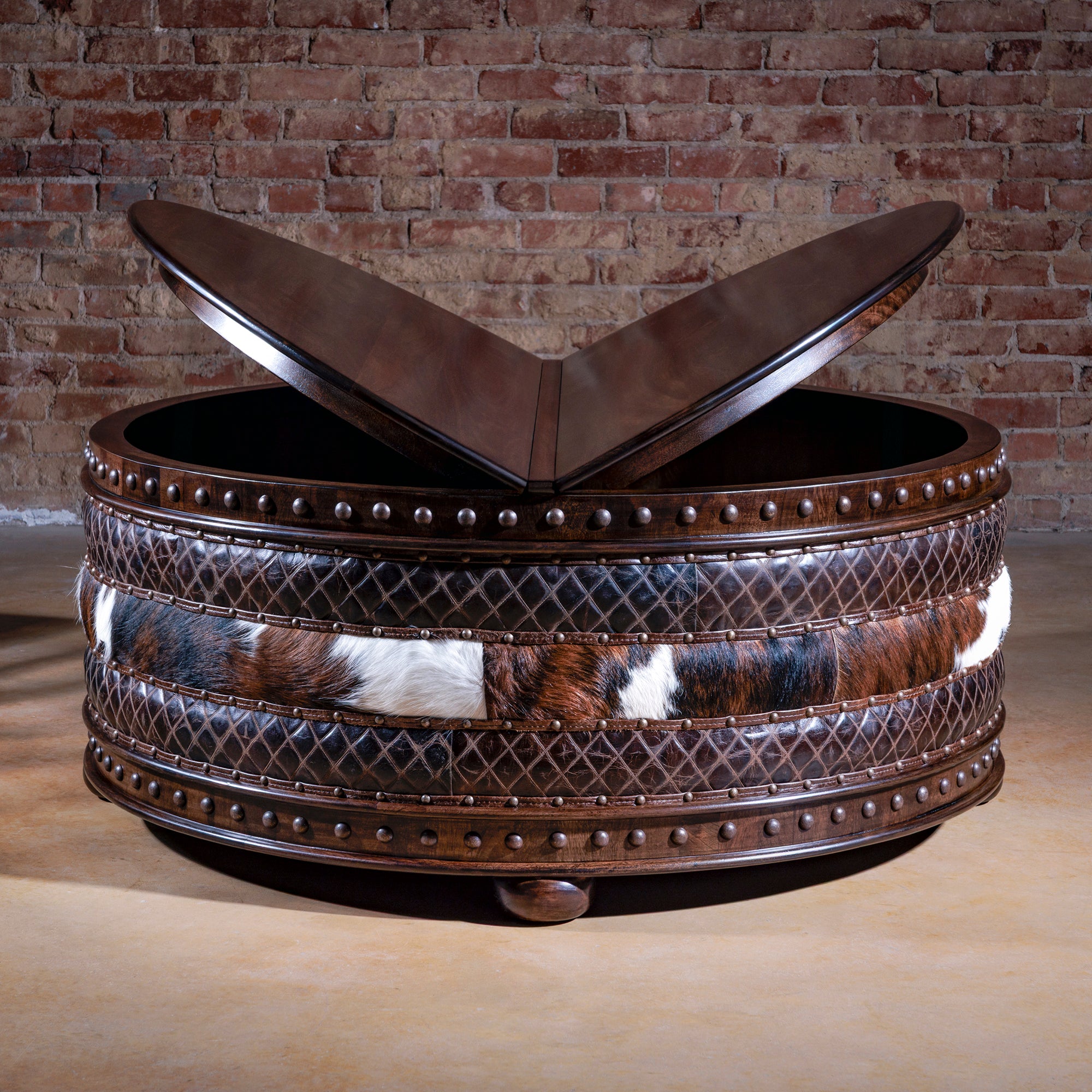 Durango Vault coffee table with dual lift-top lids open for storage