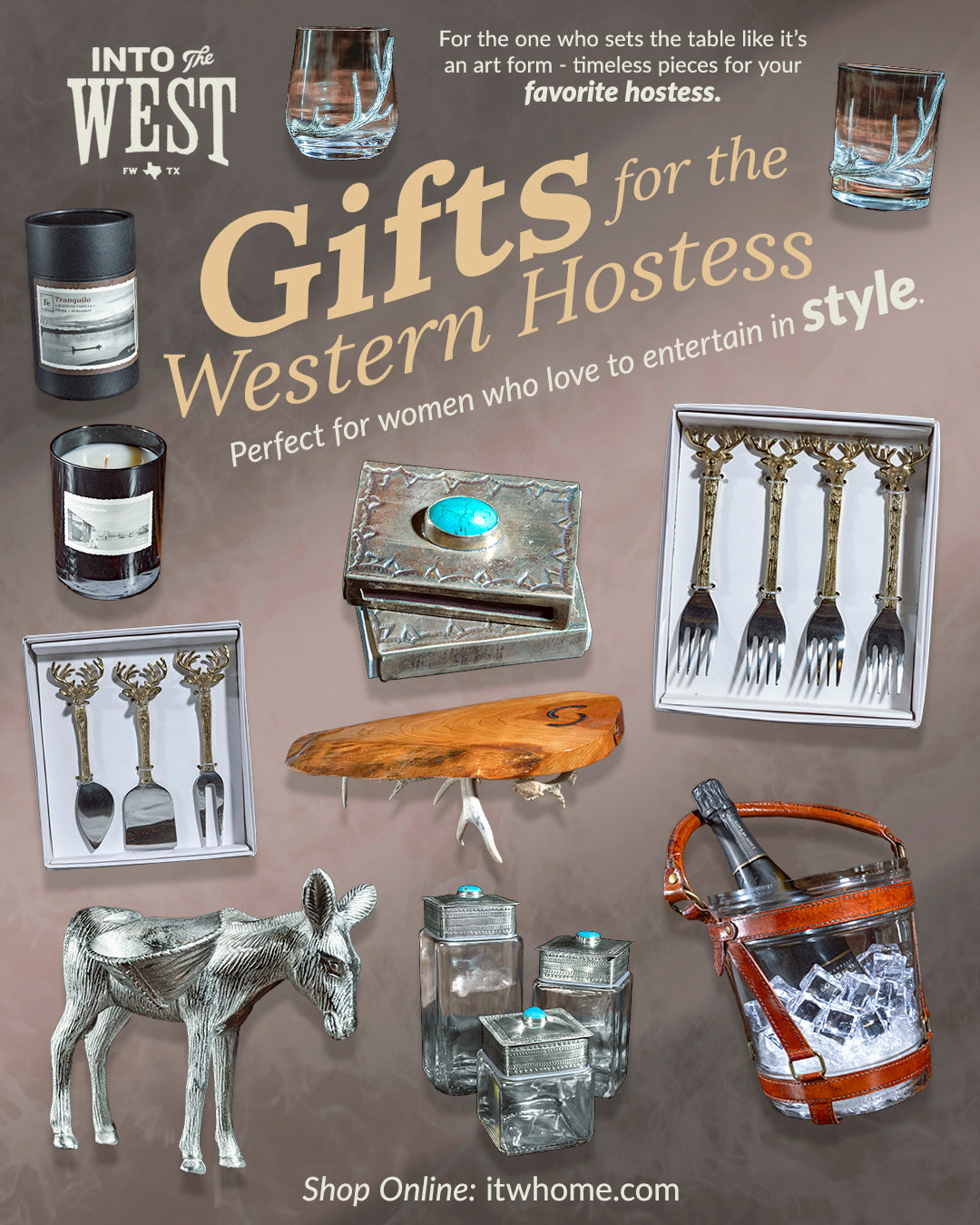 Western hostess gift collection featuring handcrafted serveware, rustic décor, and silver-accented table pieces.