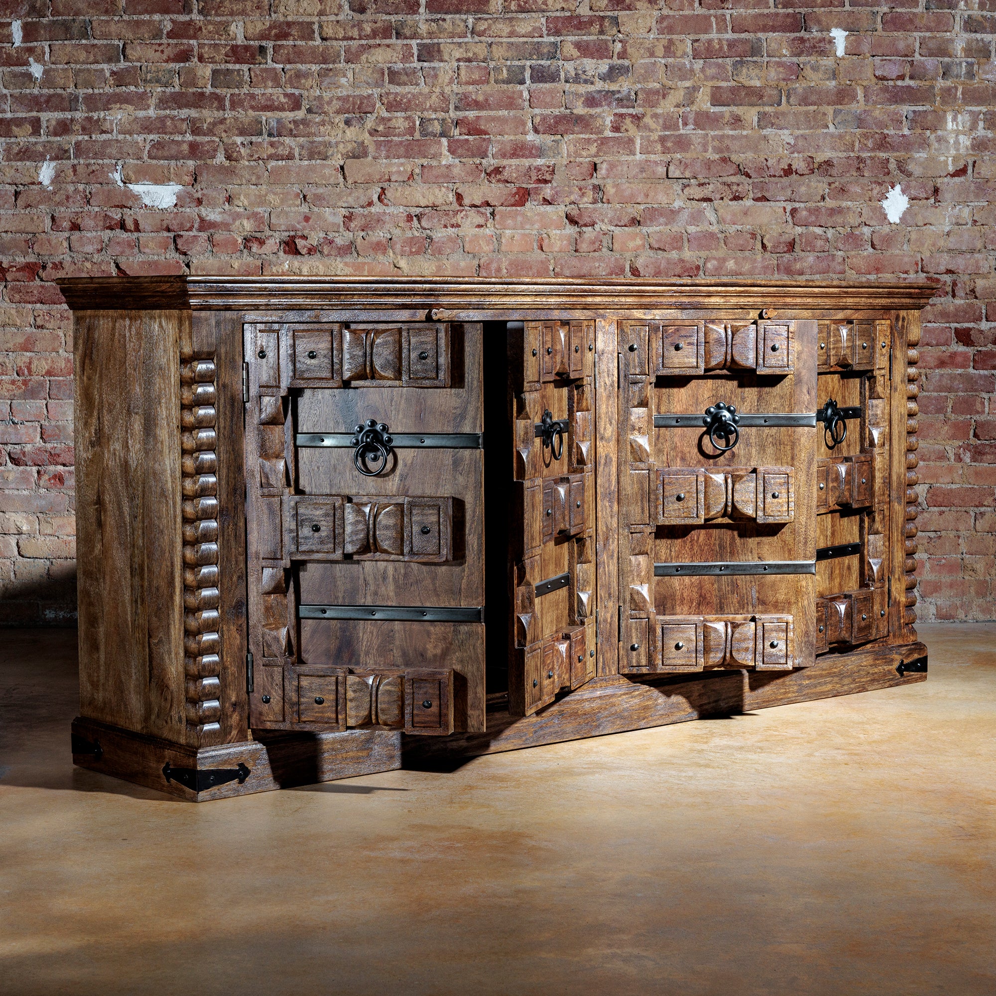 Hacienda Ironwood Buffet with doors open showing interior cabinet storage