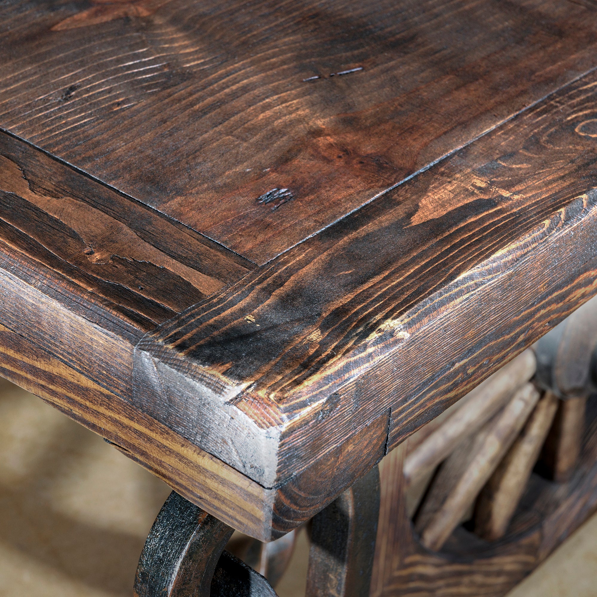 Close-up of wood tabletop grain and finish