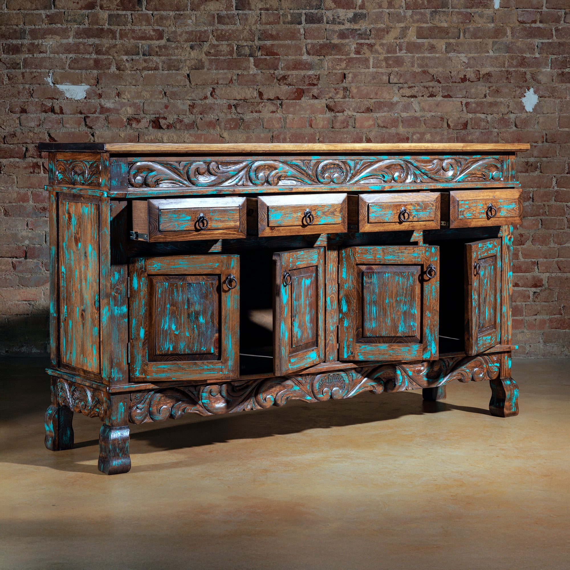 Western-style buffet with open drawers and doors for storage view