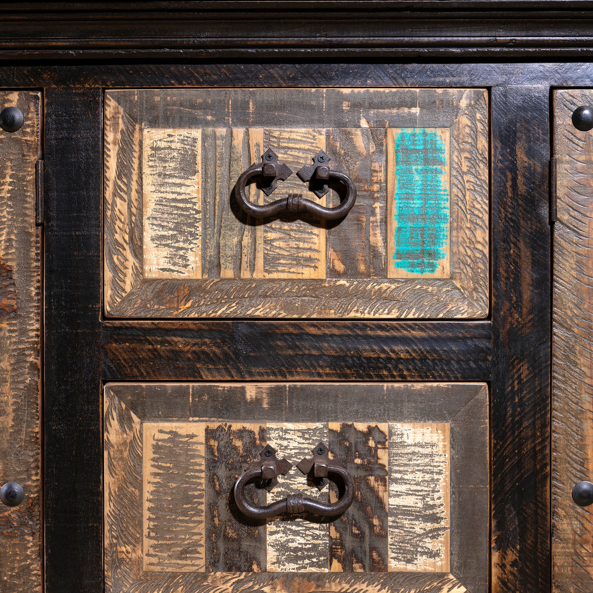Drawer detail of High Desert Hacienda Buffet with wrought-iron handles