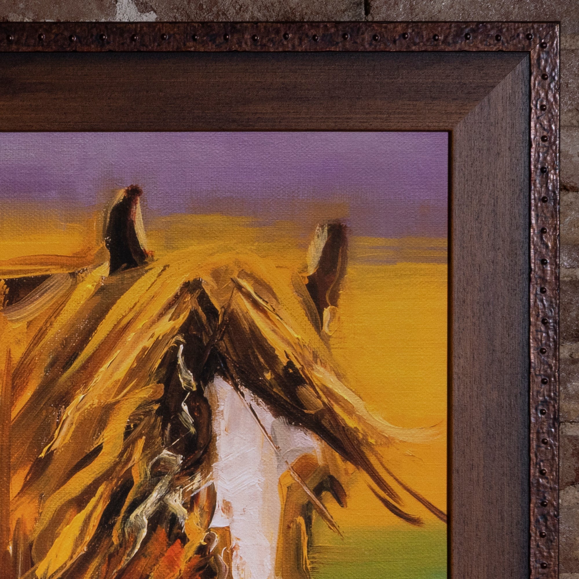 High Lonesome Paint Horse Framed Western Wall Art western art close-up with painterly brushwork, vivid sky tones, and nailhead frame