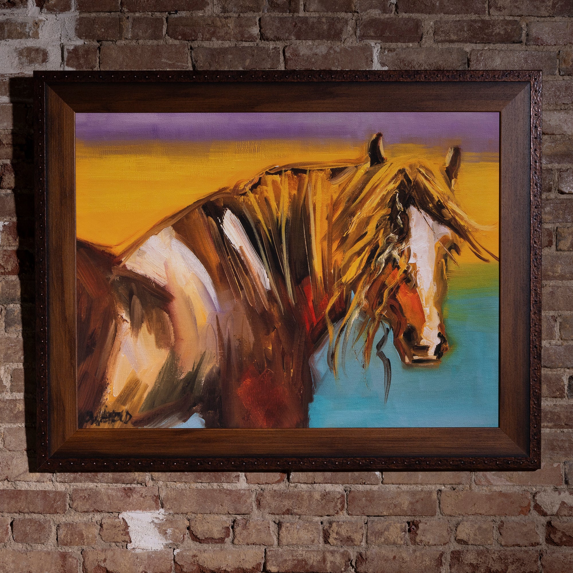 High Lonesome Paint Horse Framed Western Wall Art western wall art featuring an expressive horse, sunset color, and dark wood frame