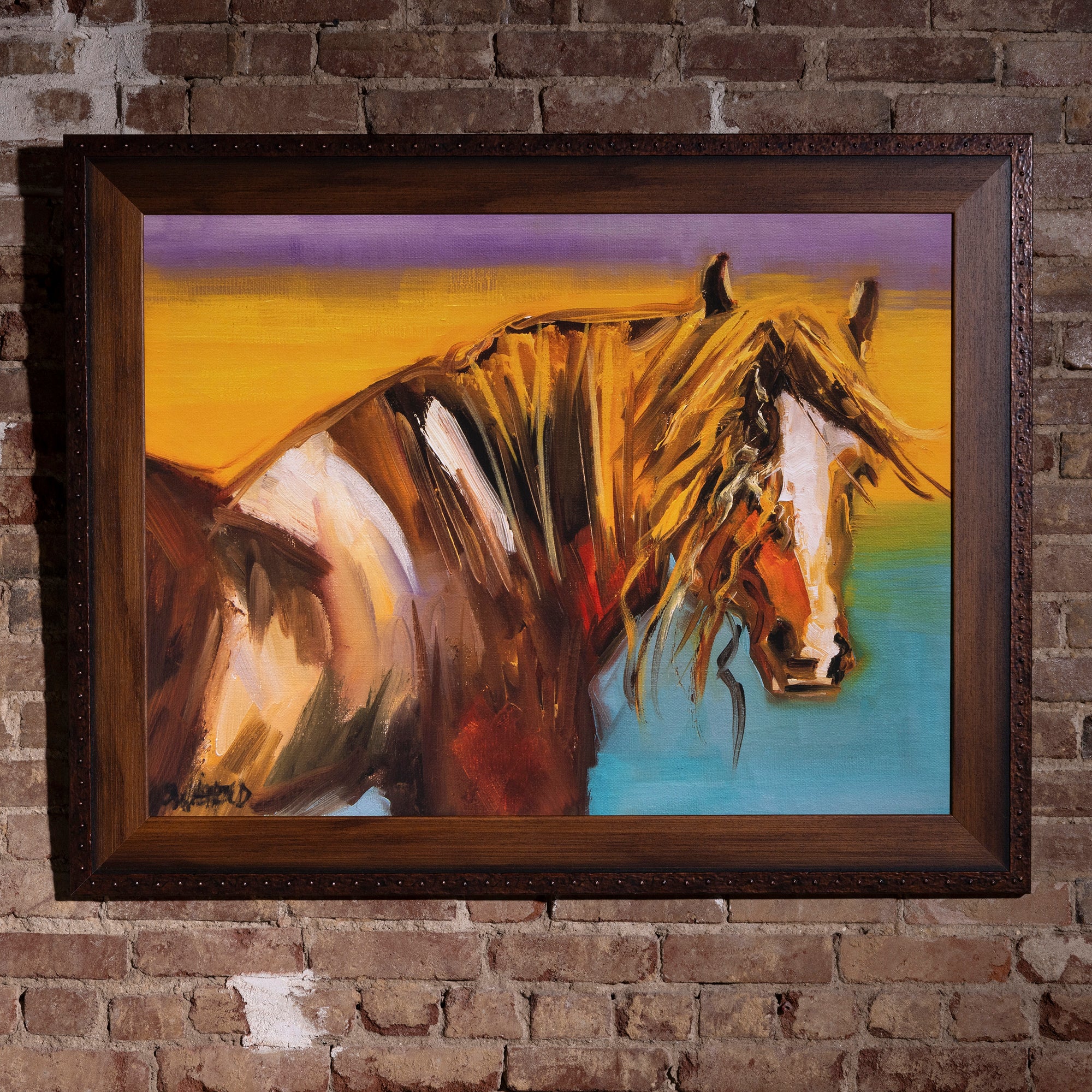 High Lonesome Paint Horse Framed Western Wall Art western wall art featuring an expressive horse, sunset color, and dark wood frame