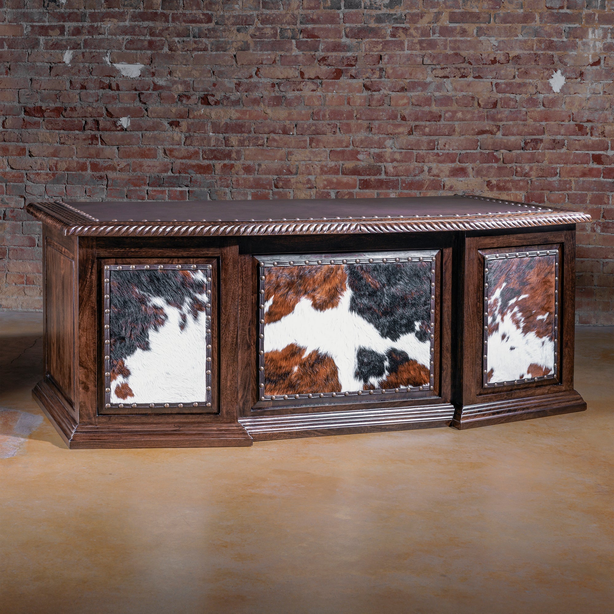 High Plains Western executive desk with cowhide front panels