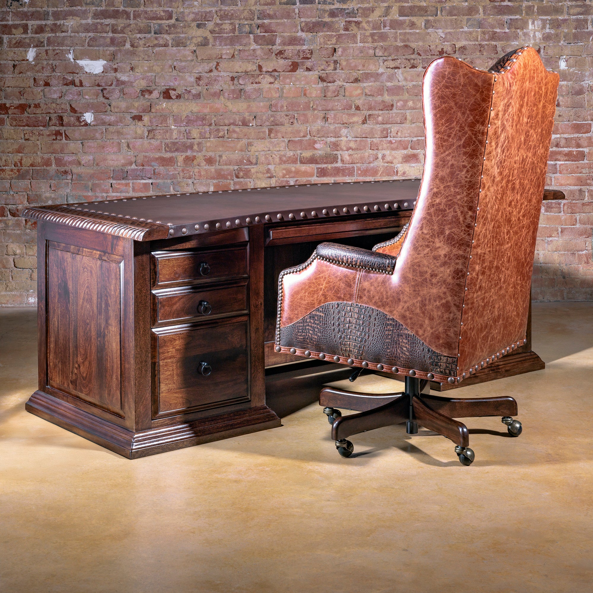 High Plains executive desk paired with Western leather wingback desk chair