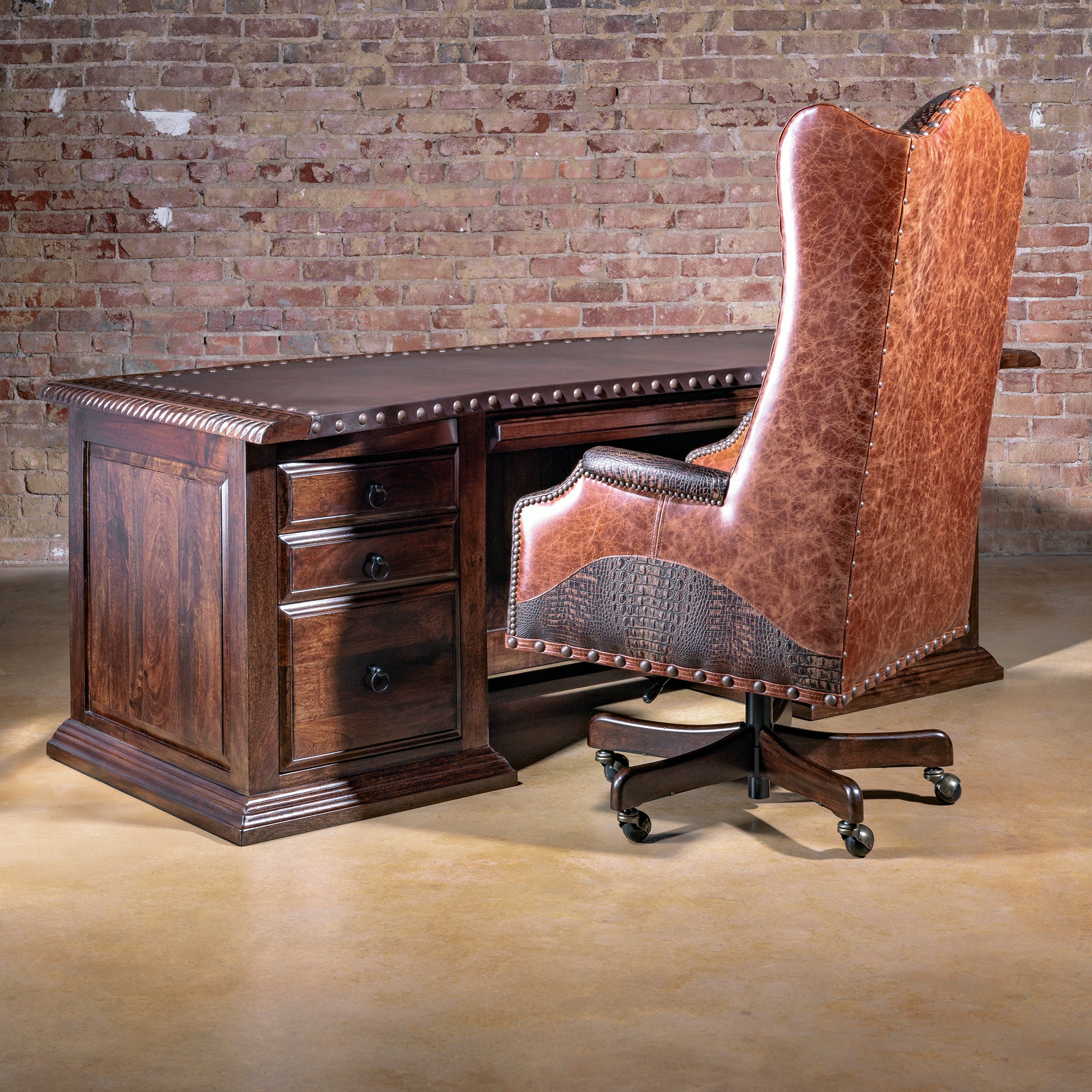 High Plains executive desk paired with Western leather wingback desk chair