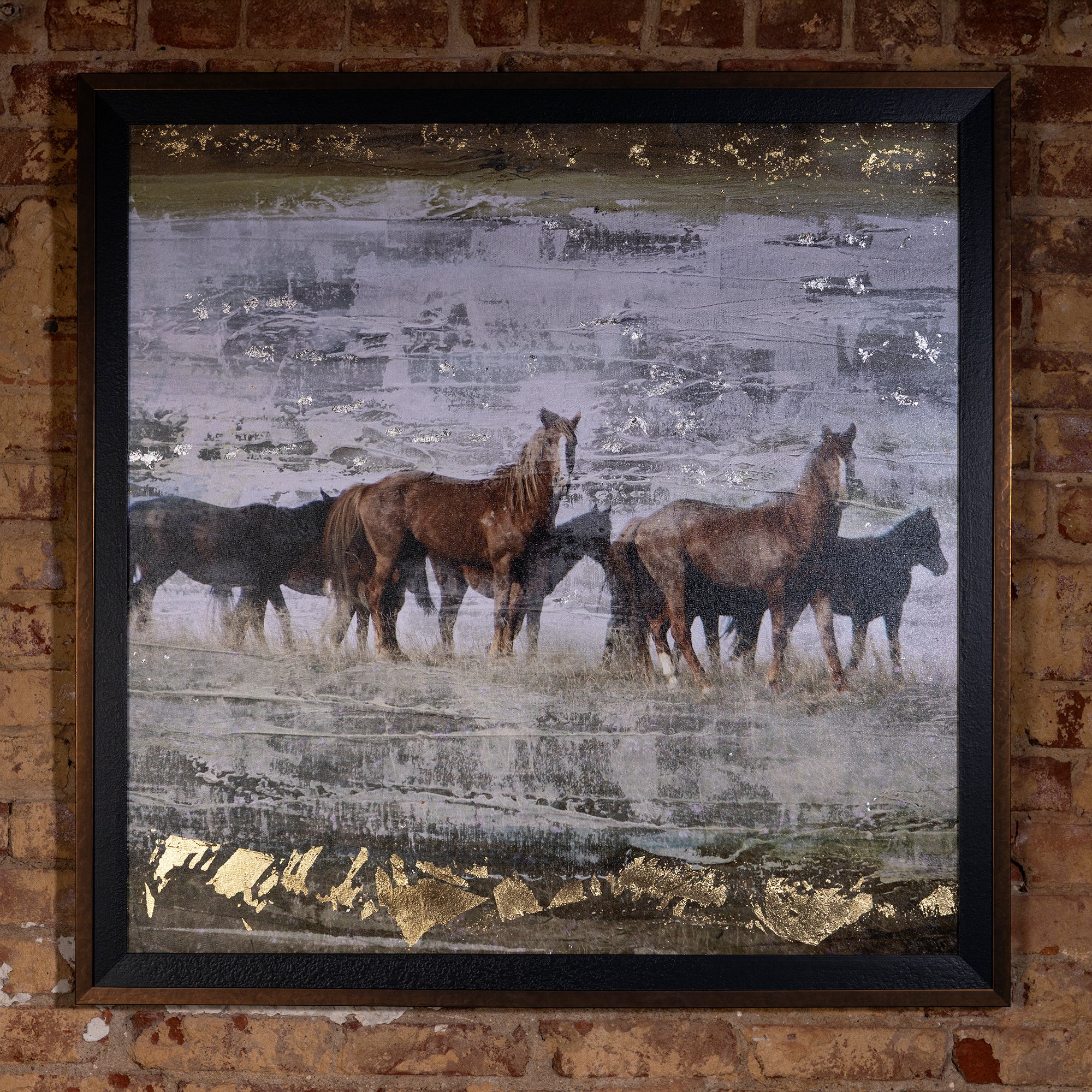 Framed Western horse wall art with metallic accents and painterly texture.