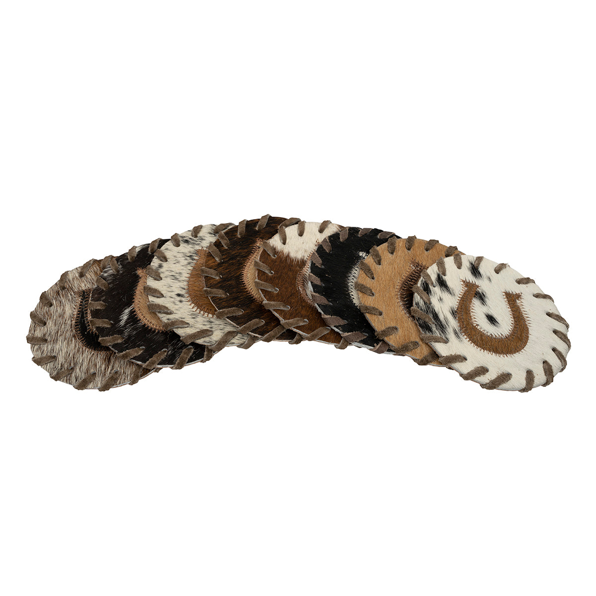 Round natural cowhide coasters. Assorted Colors. Price is PER COASTER - NOT A SET. This set of naturally absorbent leather coasters are Natural shed-free hair on cowhide which prevents drink from sticking, and shows no discoloration when wet. These are made from premium hair-on leather.