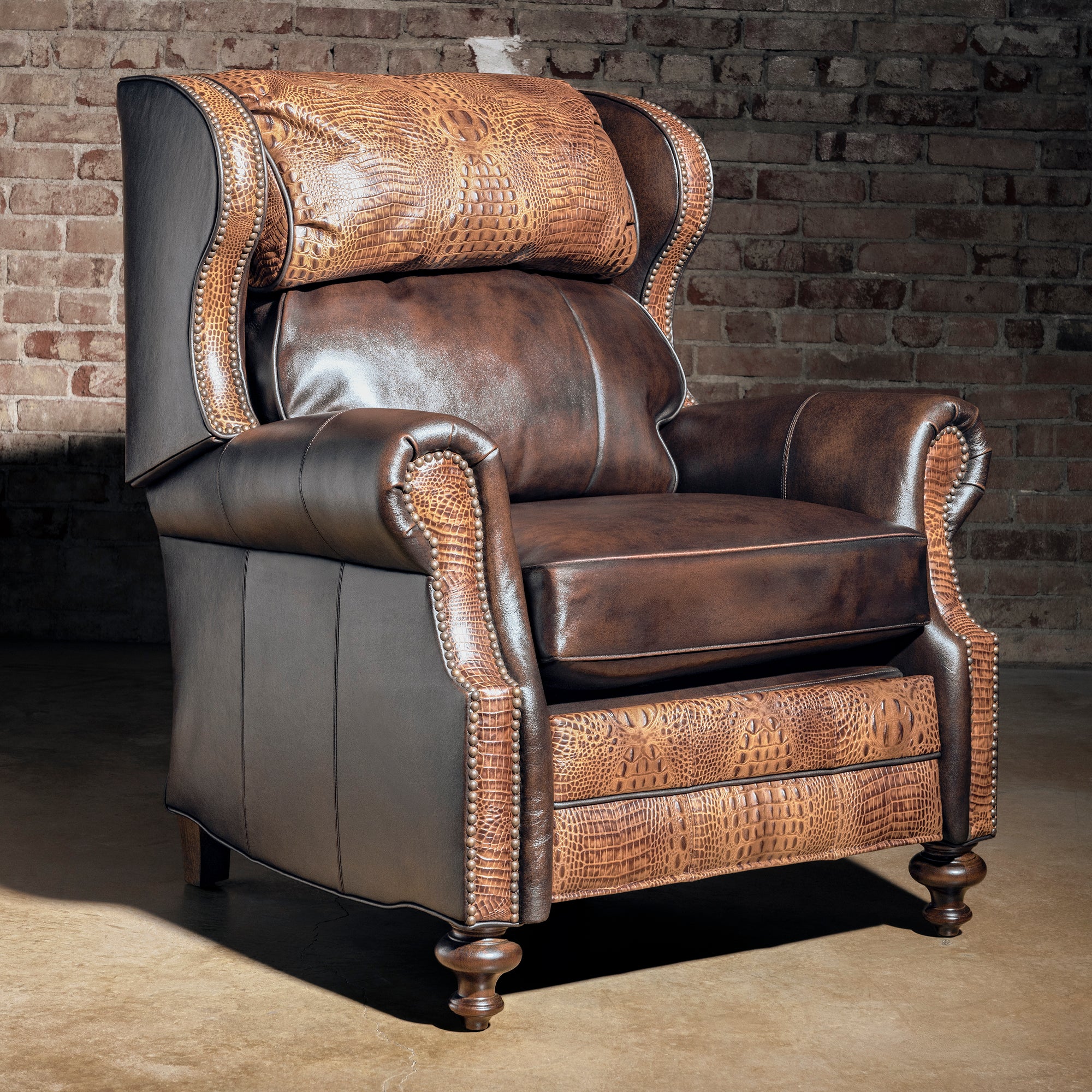 Mojave Gatorline Recliner western bustleback leather recliner angle view with croc-embossed trim, wingback silhouette, and nailhead detail.