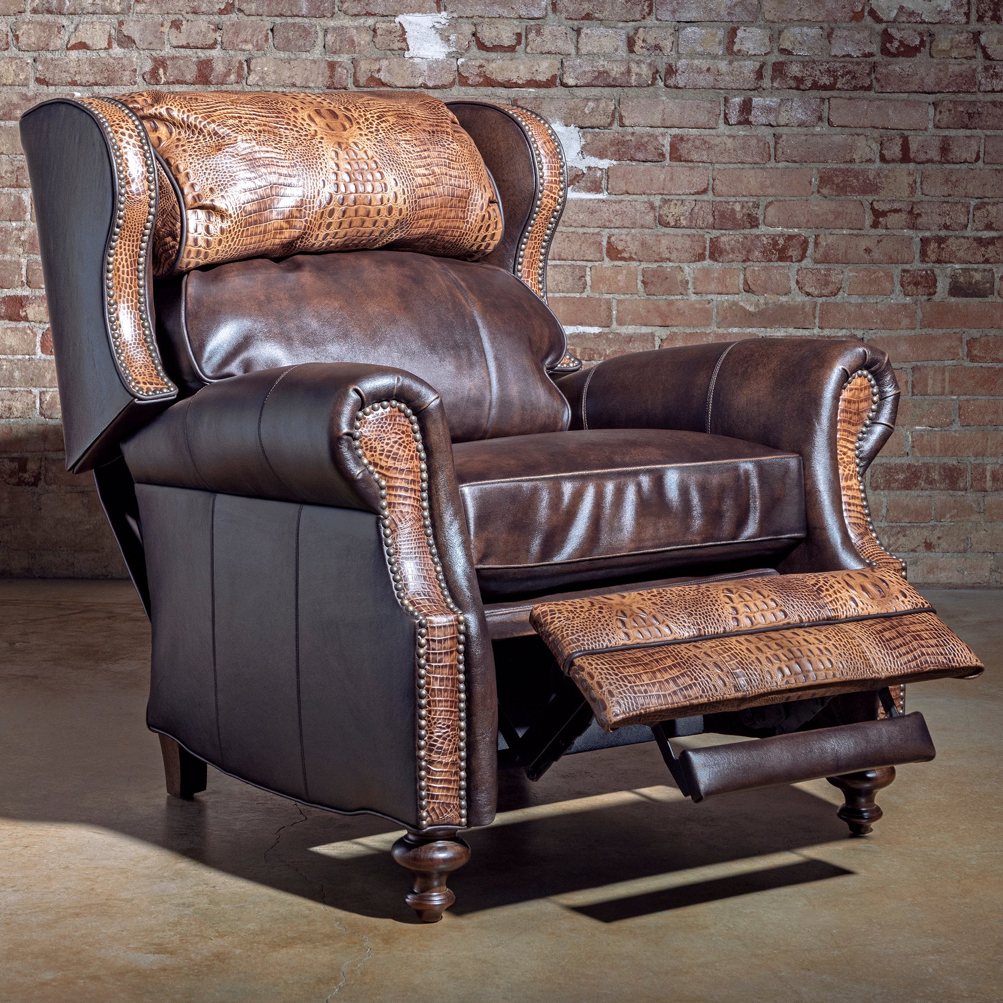 Mojave Gatorline Recliner western bustleback leather recliner shown reclined with croc accents, deep seat, and top-grain leather comfort.