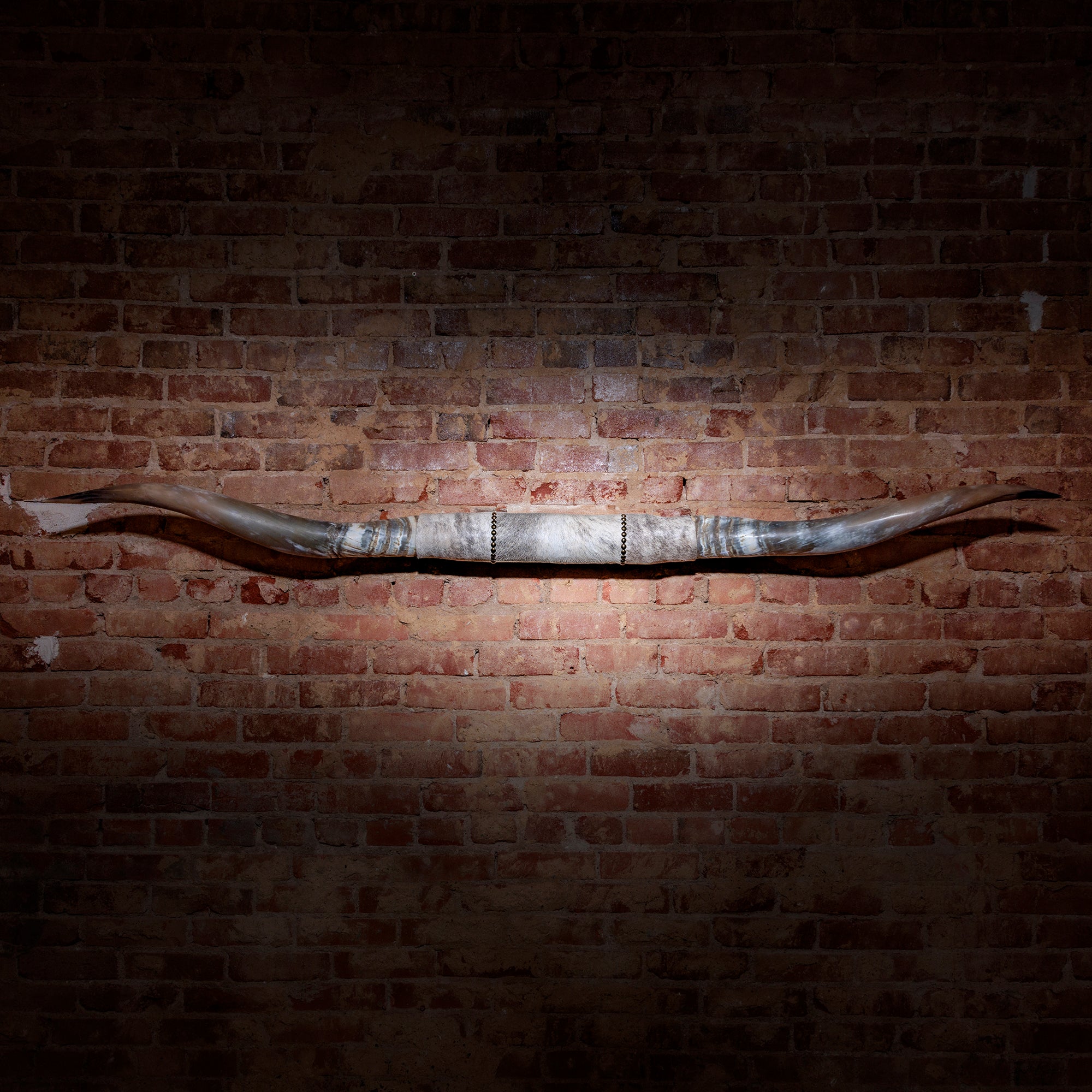 Mounted steer horns with wide spread and leather-wrapped center on rustic brick wall
