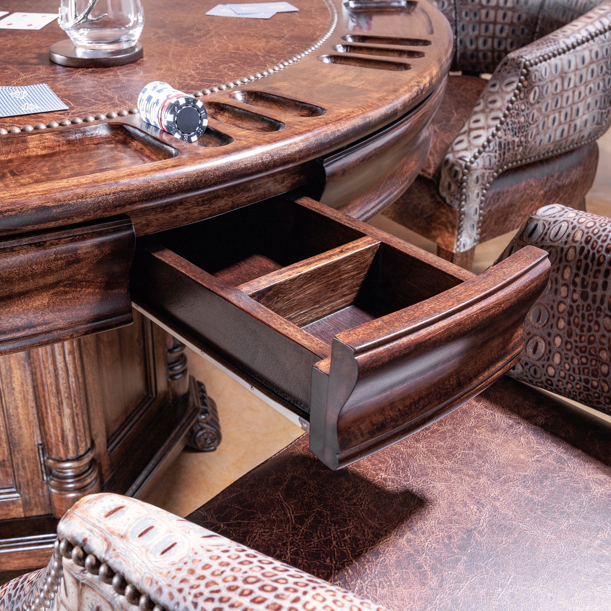 Hidden drawer detail of The Outlaw’s Round Poker Table