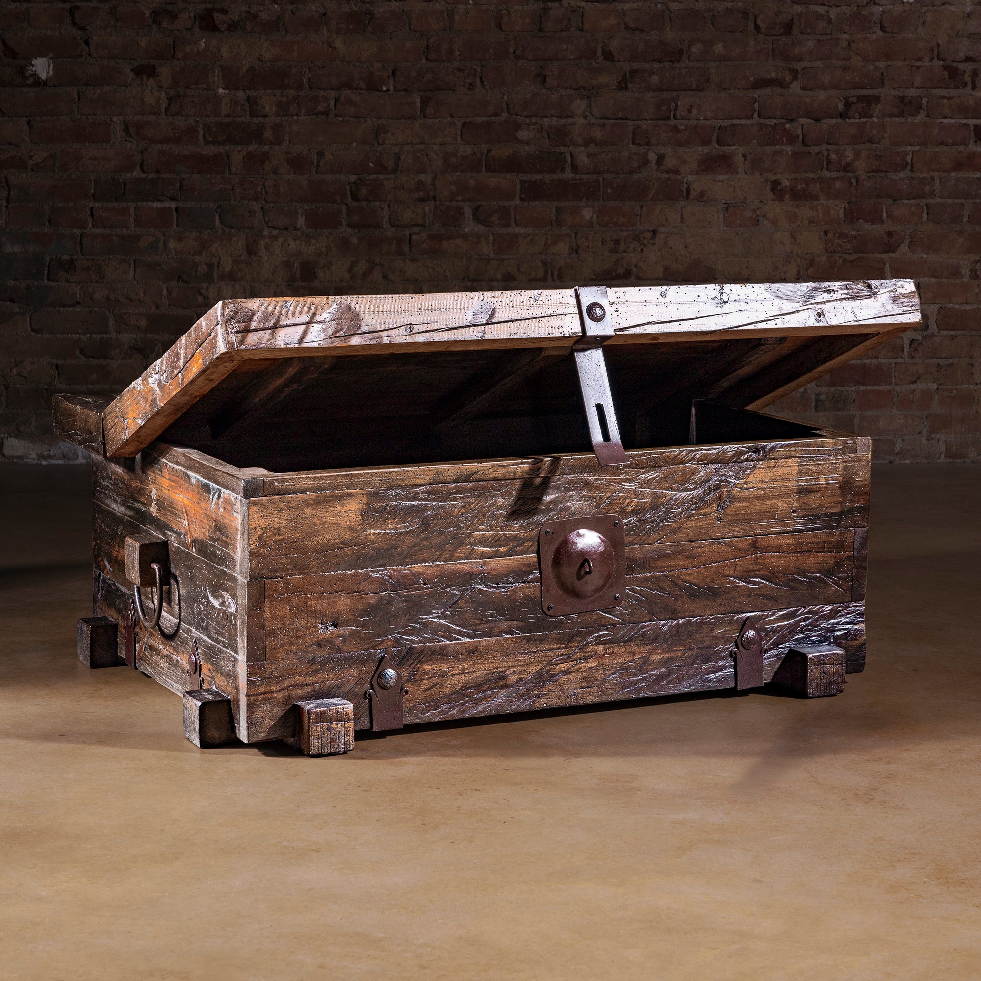 Outpost Timberlock Trunk Table open view showing interior storage space